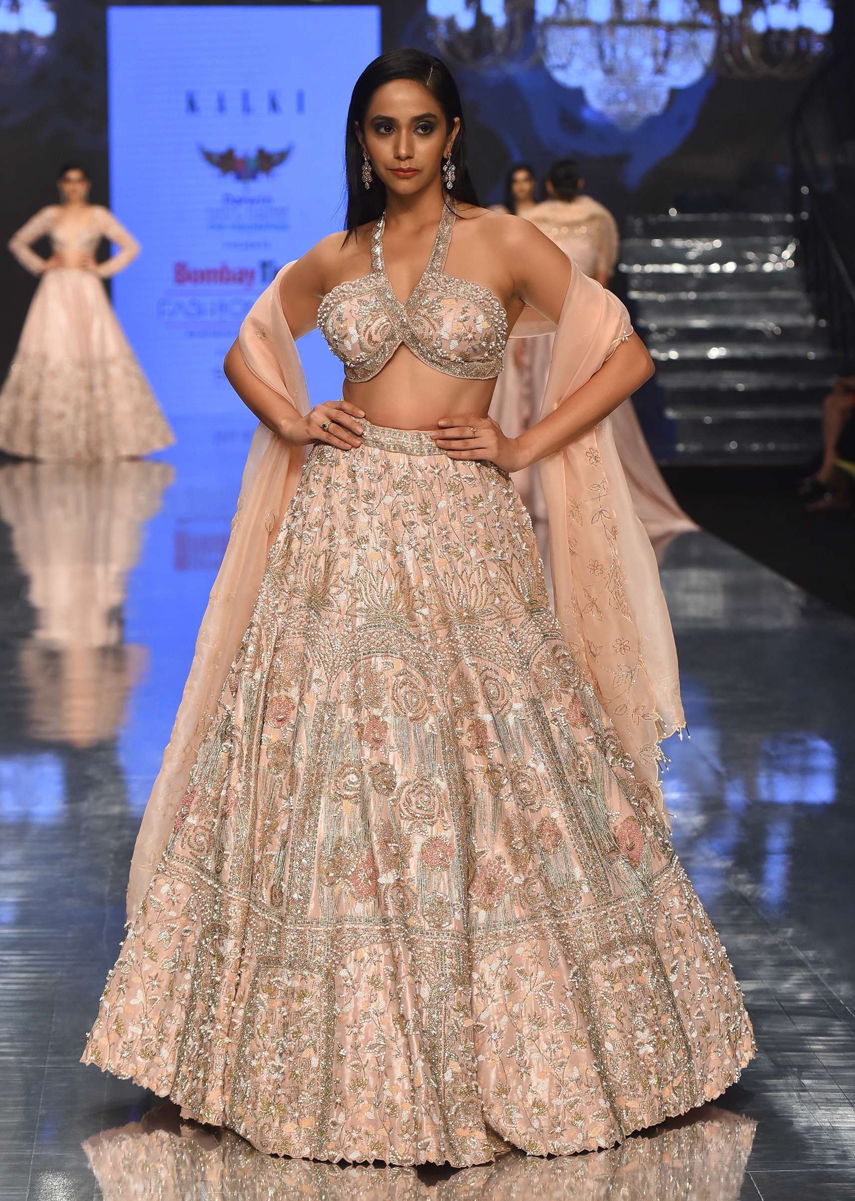 Powder Pink Festive Silver Pink Bela Lehenga Set In Embroidery And Halter Blouse - NOOR 2022 - Image 4