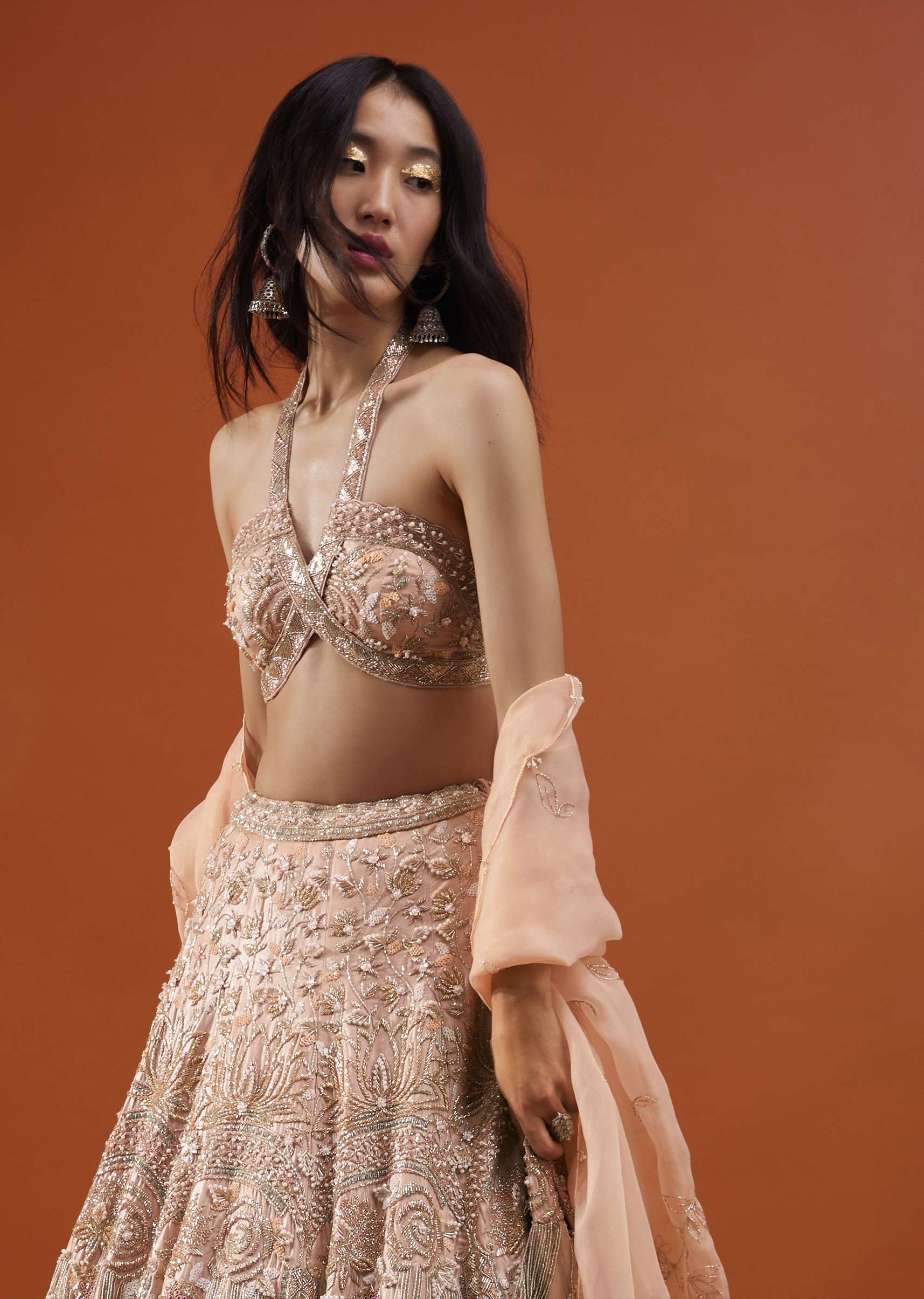 Powder Pink Festive Silver Pink Bela Lehenga Set In Embroidery And Halter Blouse - NOOR 2022 - Image 7