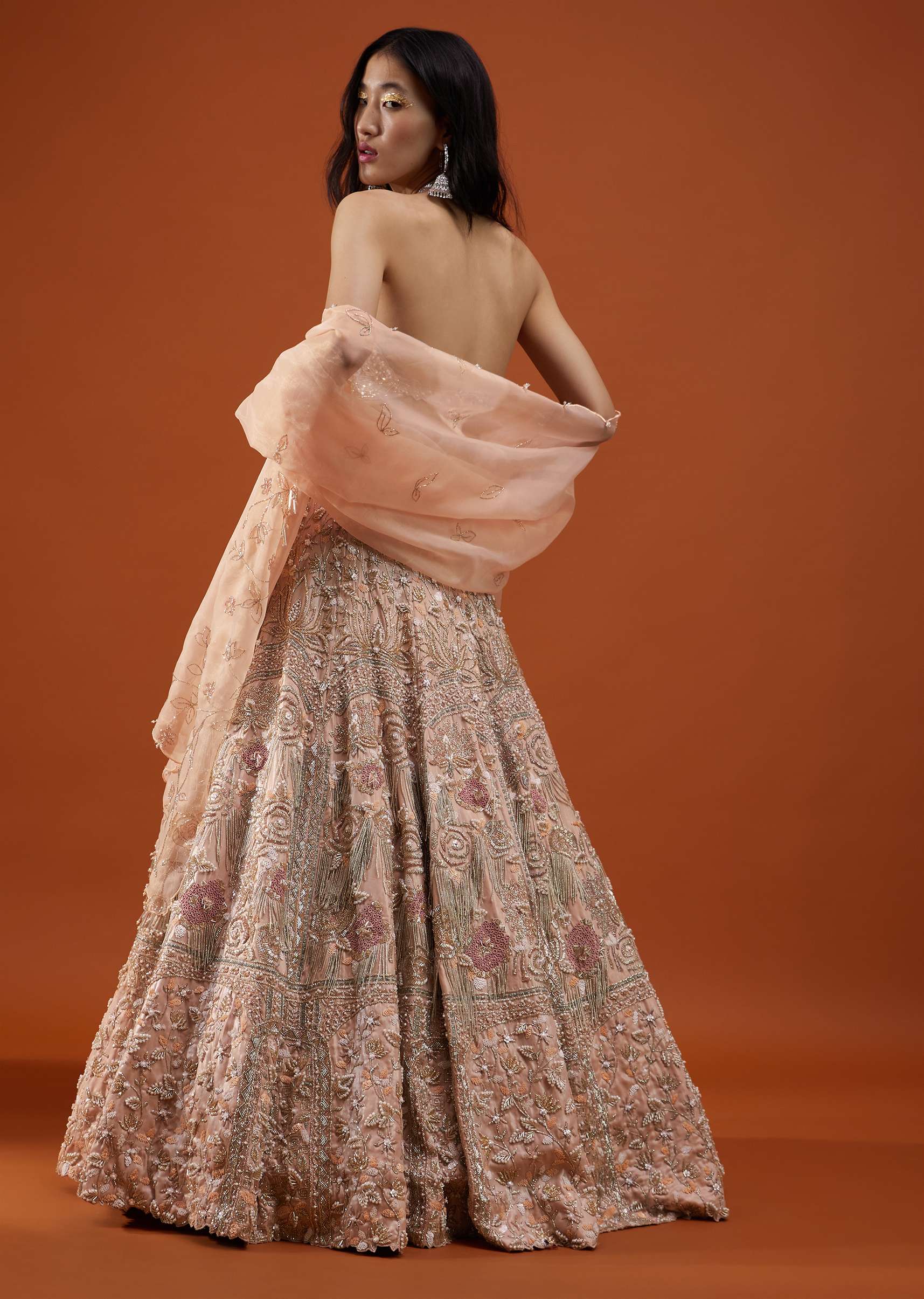 Powder Pink Festive Silver Pink Bela Lehenga Set In Embroidery And Halter Blouse - NOOR 2022 - Image 8