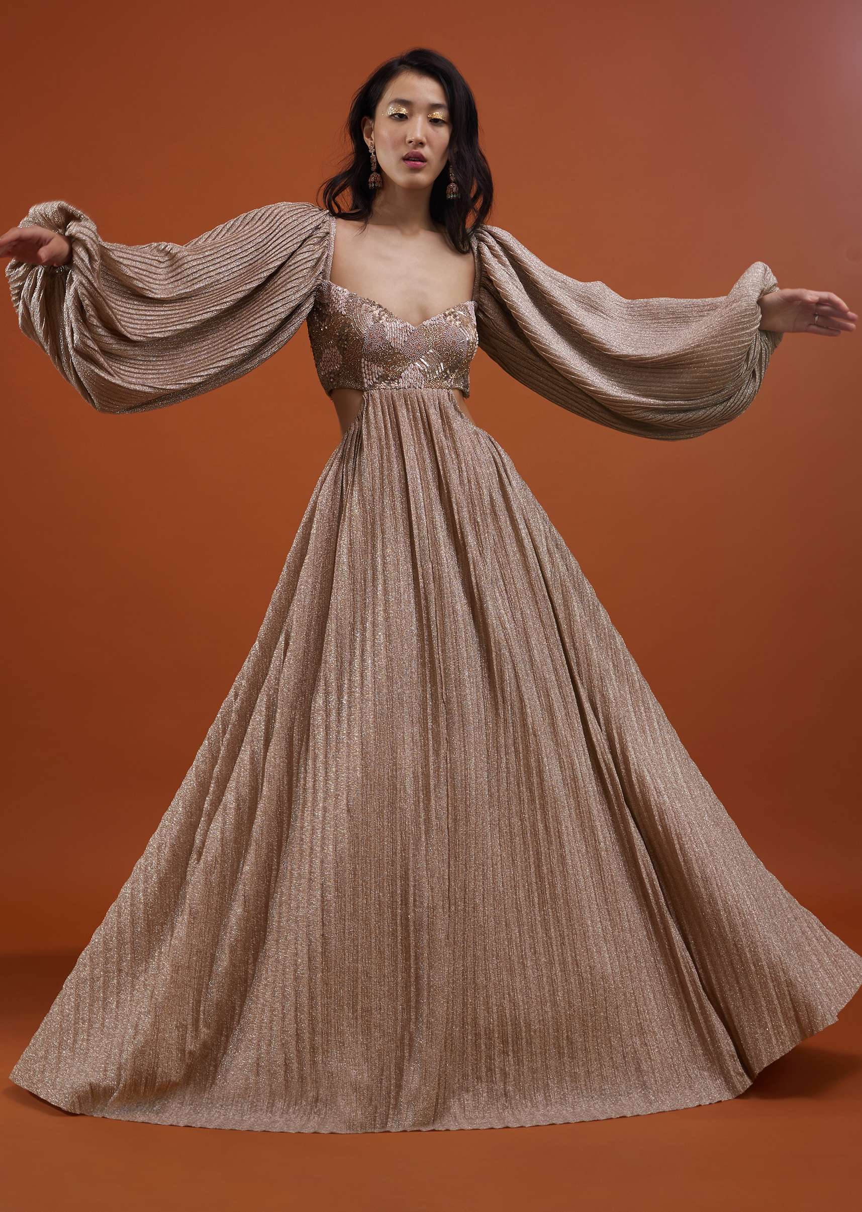 Kalki Festive Silver Pink Gown In Crush With Embroidery And Bell Sleeves - Image 4