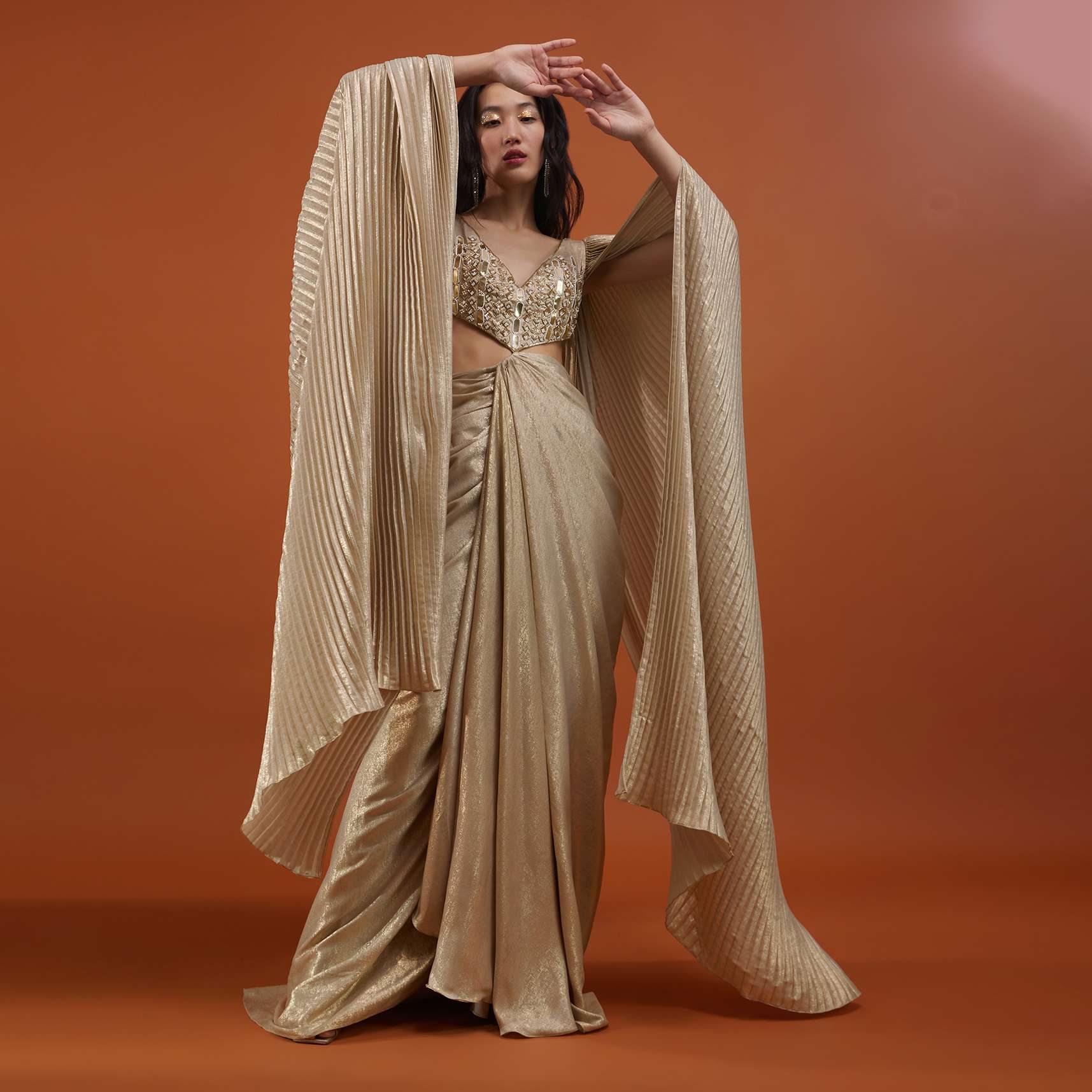 Mocha Brown Gown With A Pre-Pleated Dhoti Skirt Area And Royal Cape Sleeves- NOOR 2022 - Image 4