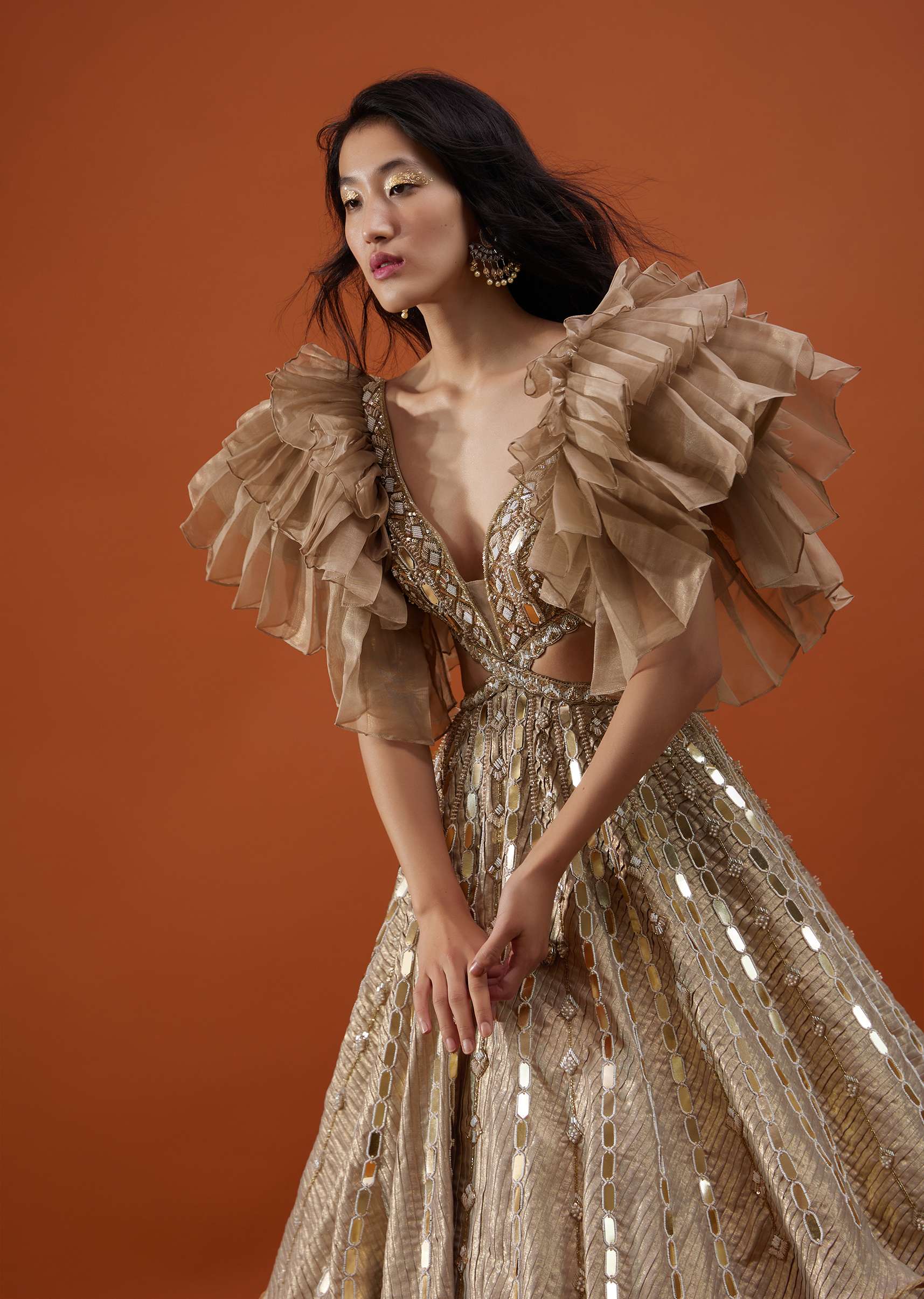 Gold Toned Kalki Gown With Ruffle Sleeves And Embroidery - NOOR 2022 - Image 7