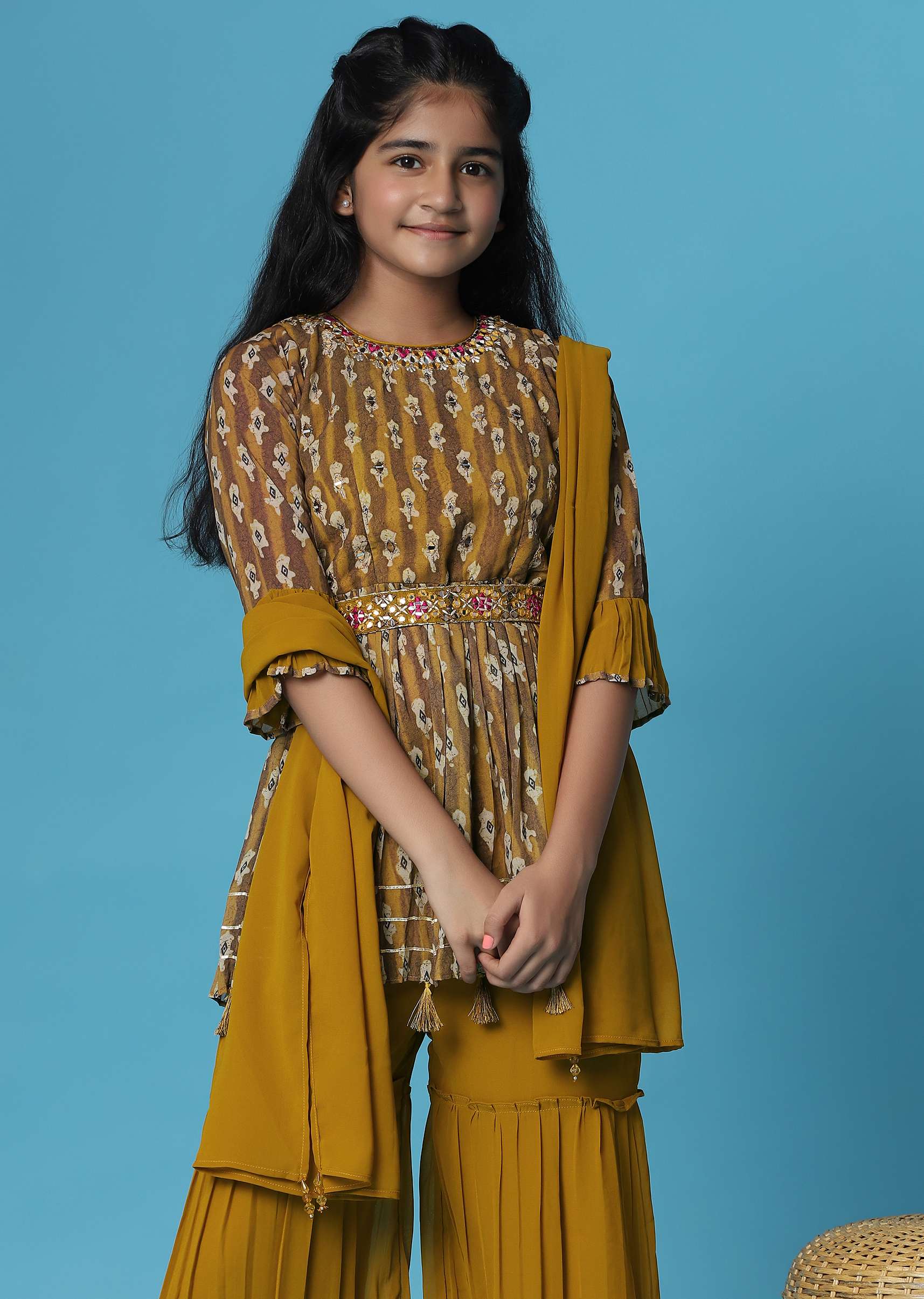 Kalki Mustard Yellow Printed Kurti And Sharara Set In Georgette For Girls - Image 2