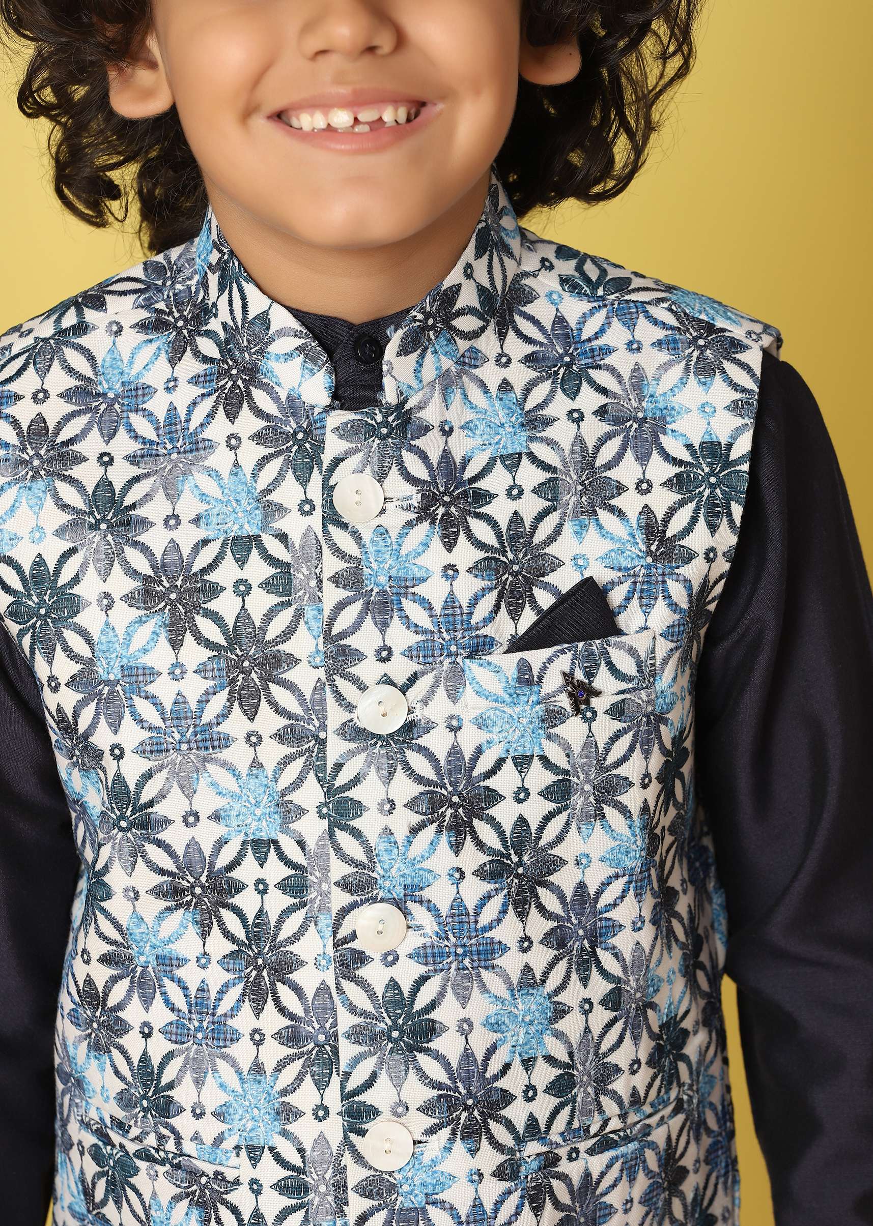 Kalki Navy Blue Bandi Jacket And Kurta Set In Silk With Threadwork For Boys - Image 2