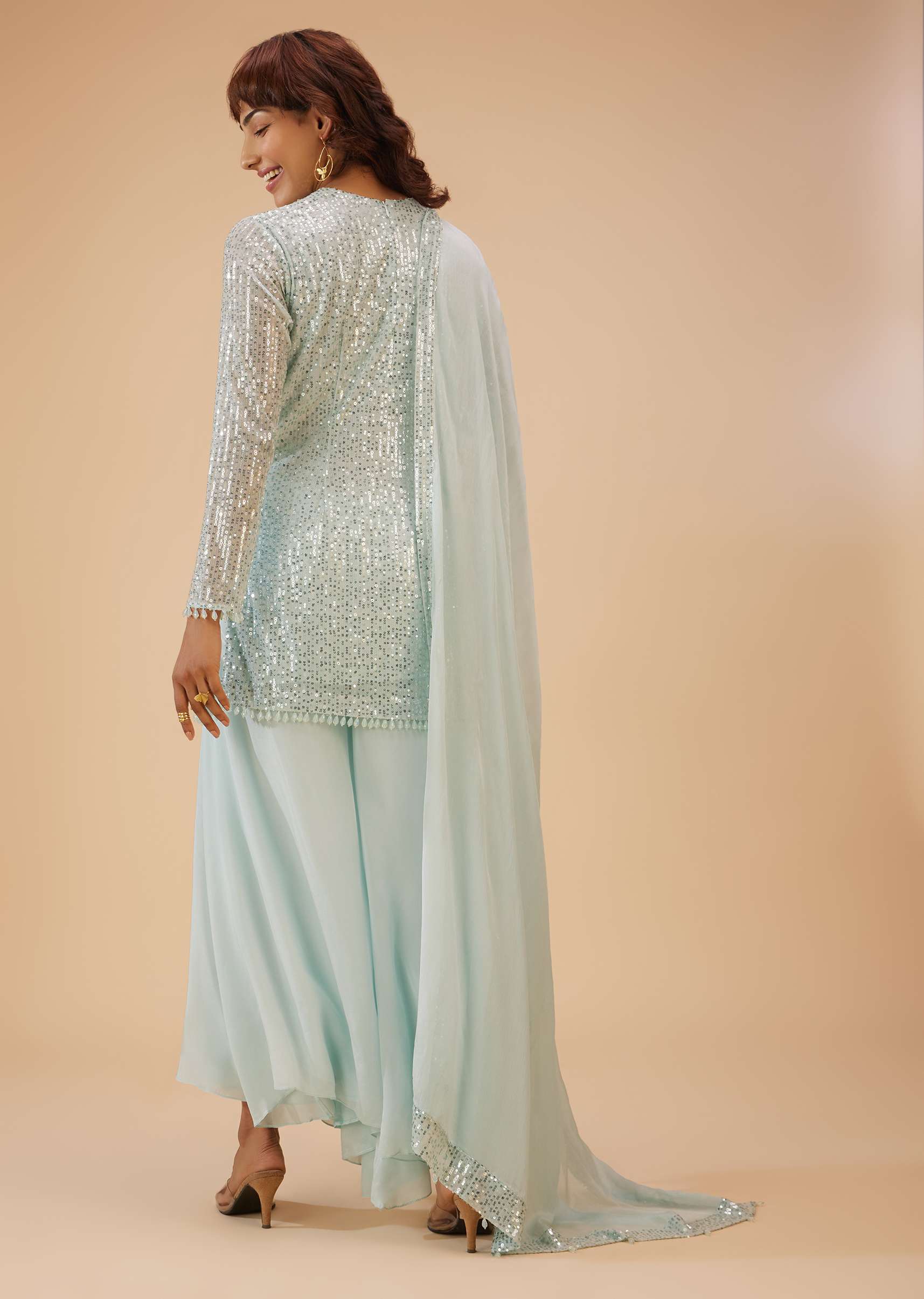 Powder Blue Palazzo Suit Set In Sequin - Image 5