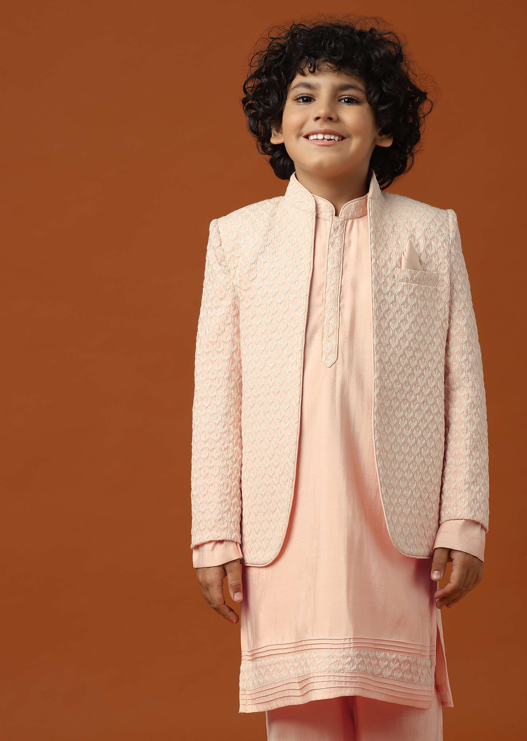 Kalki Peach Pink Sherwani Set In Silk With Threadwork For Boys - Image 2