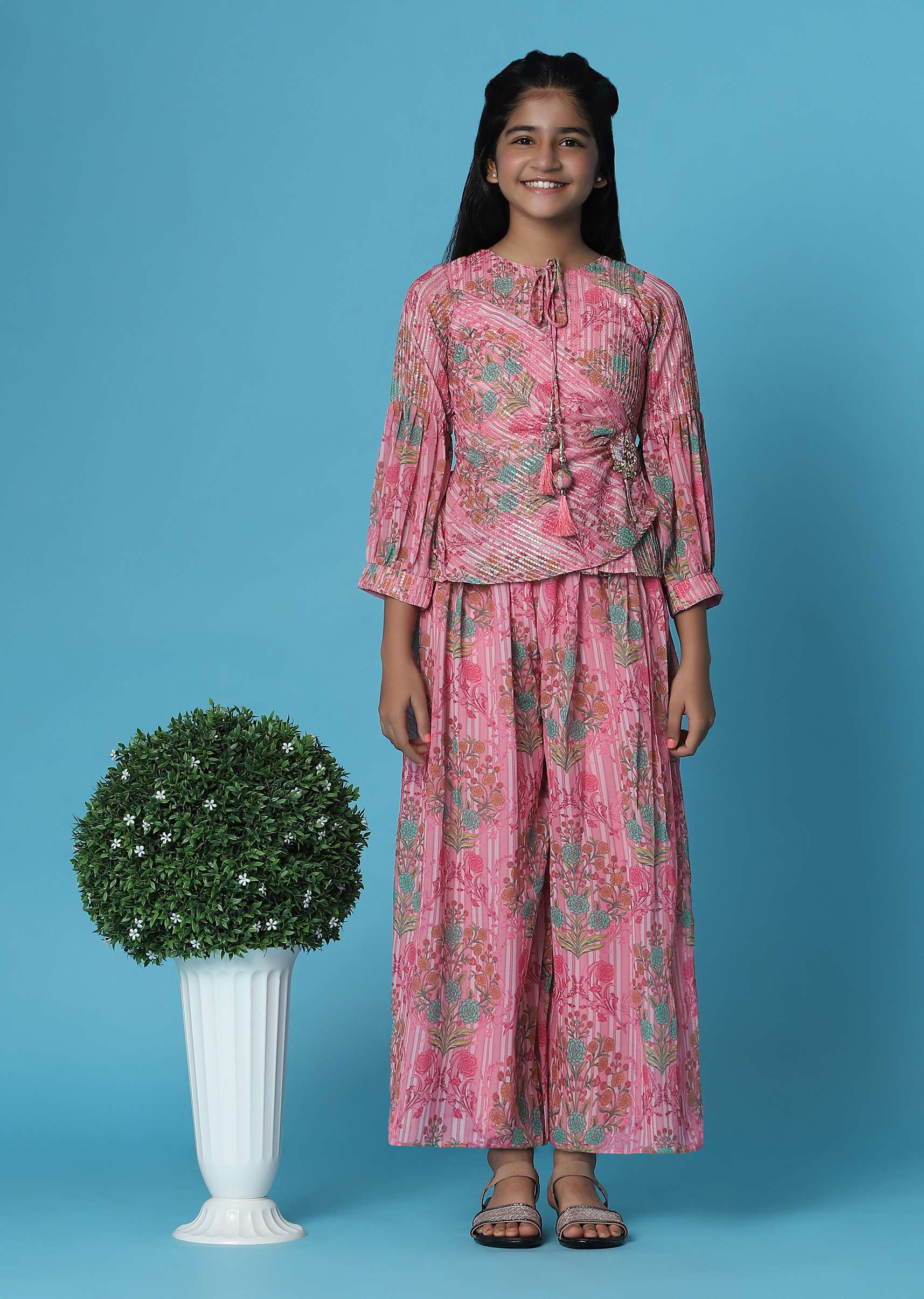 Kalki Petal Pink Printed Top And Palazzo Set In Georgette For Girls - Image 4