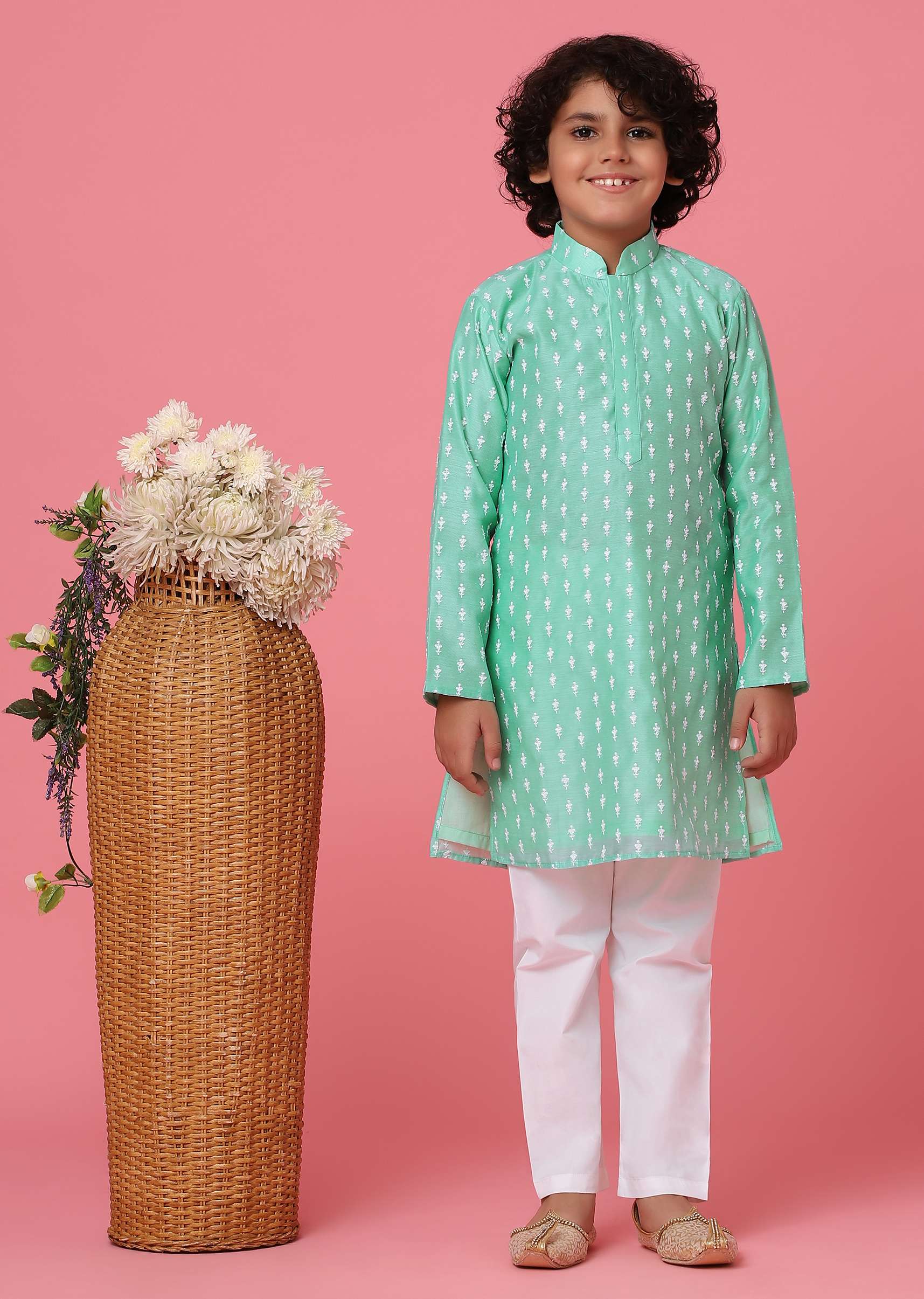KALKI Sea Green Kurta Set In With Thread Embroidery For Boys - Image 4
