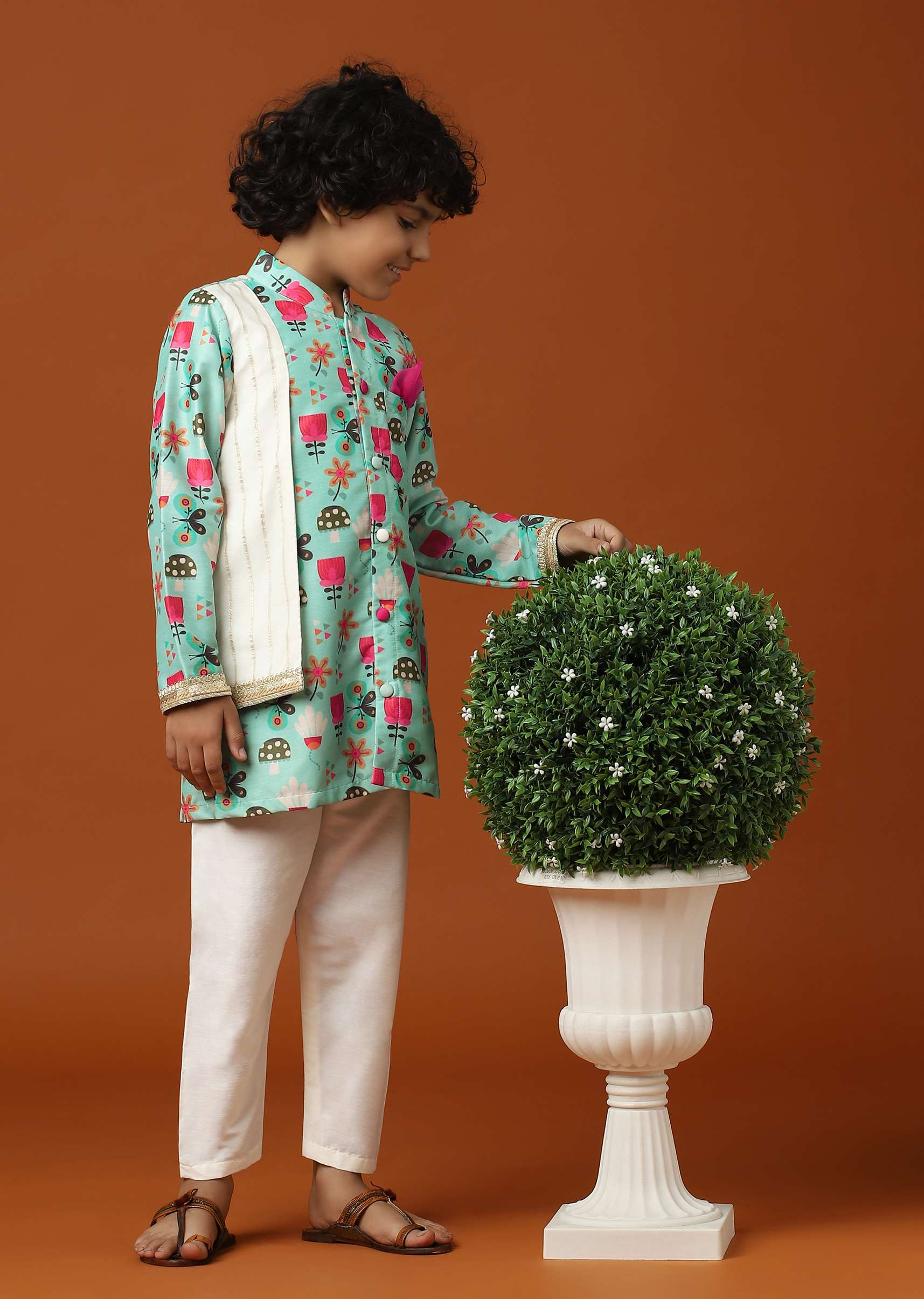 Kalki Teal Green Printed Kurta Set In Cotton Silk For Boys - Image 3