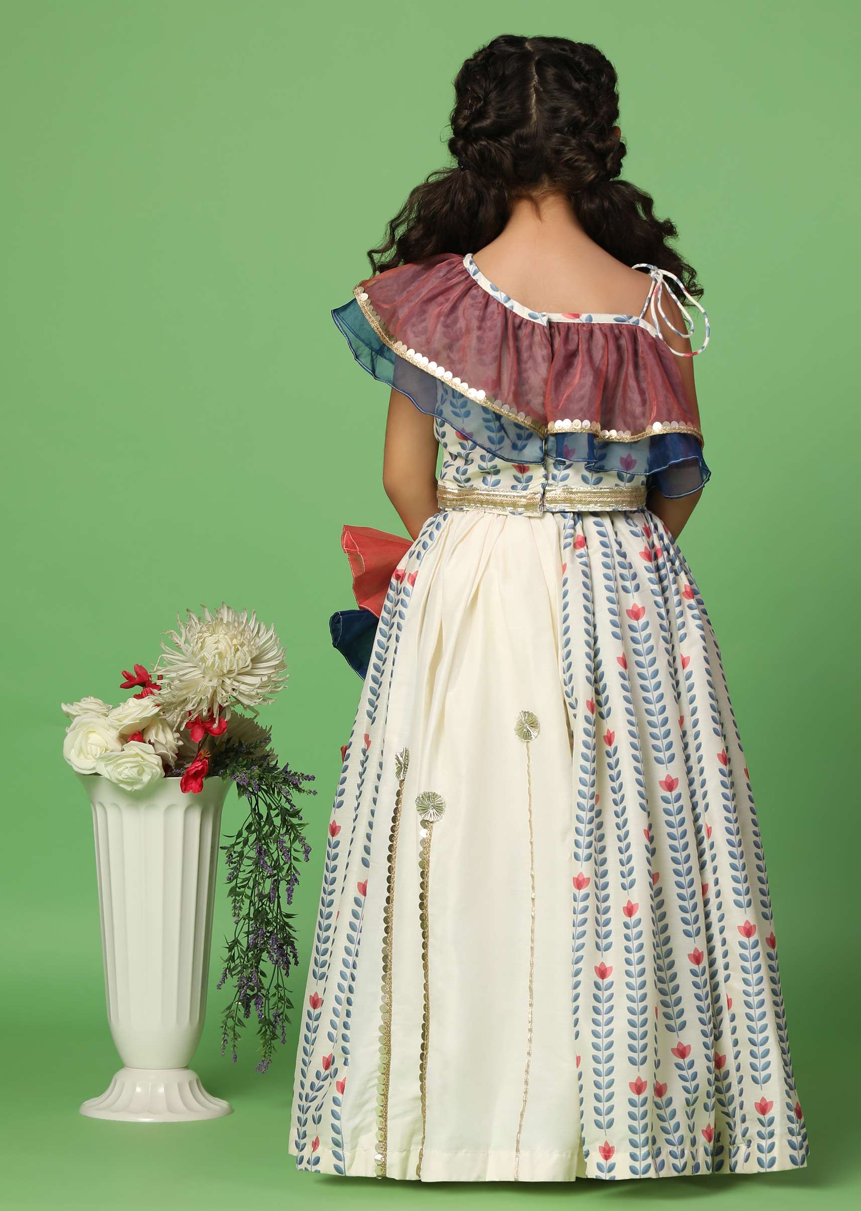 Kalki White Printed Top And Lehenga Set In Cotton Silk For Girls - Image 6
