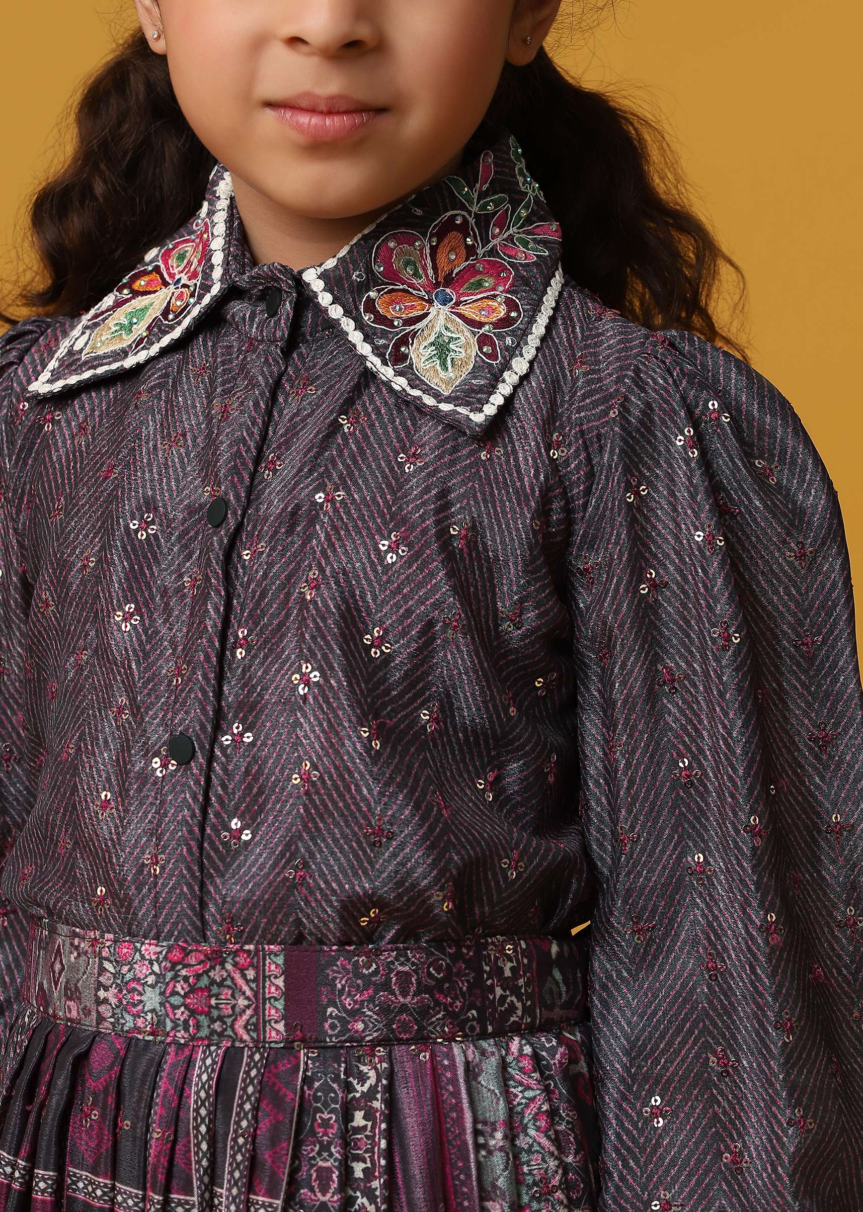 Kalki Wine Purple Top And Skirt With Sequins Embroidery In Chinon For Girls - Image 4