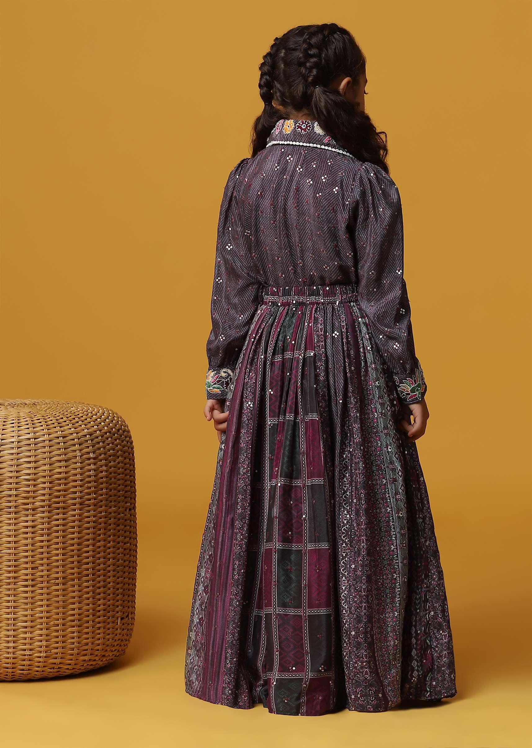 Kalki Wine Purple Top And Skirt With Sequins Embroidery In Chinon For Girls - Image 5