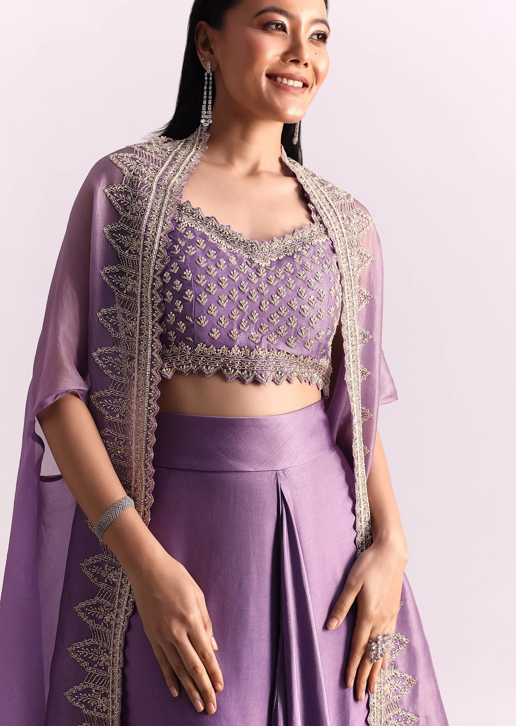 Lavendar Embroidered Crop Top And Sequin Work Jacket With Draped Skirt - Image 6