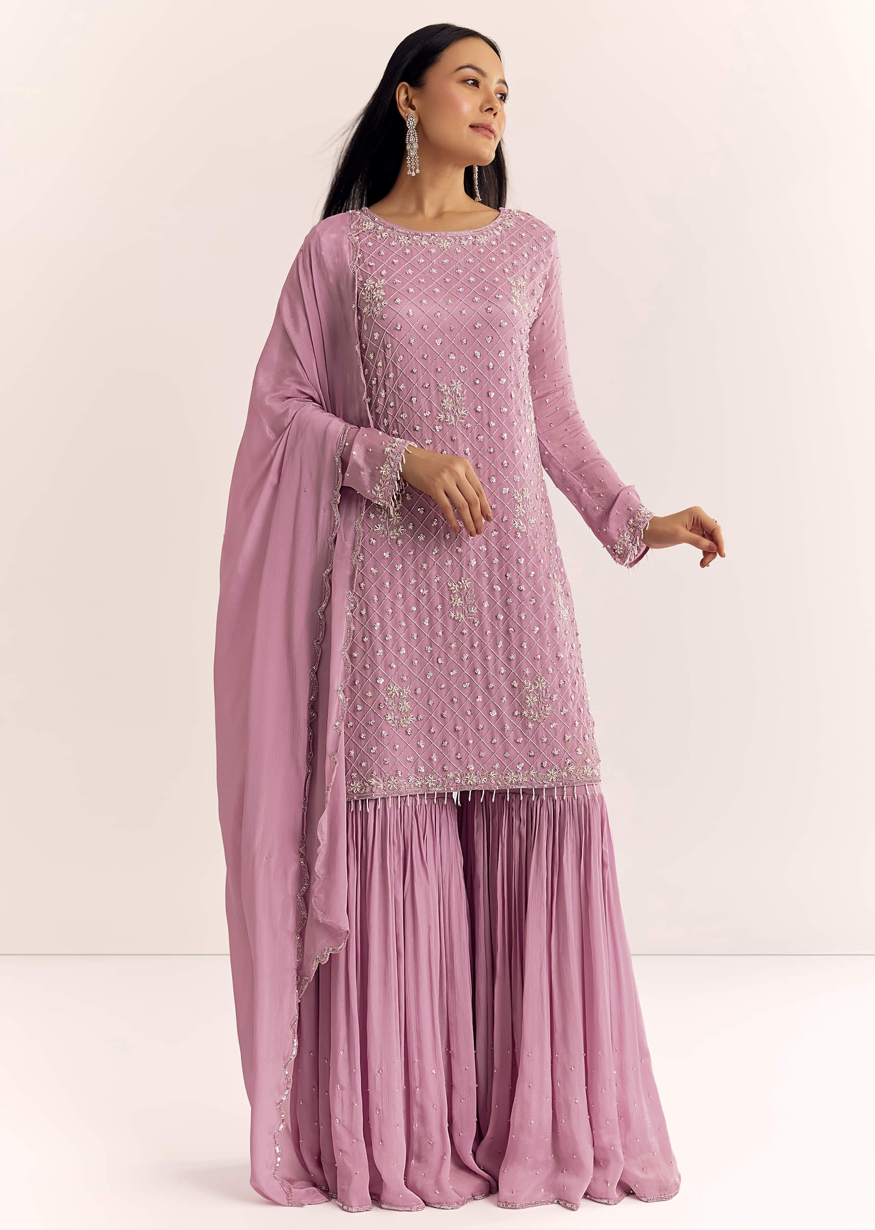 Lavender Chinon Sharara Suit With Cutdana Moti And Sequins - Image 2