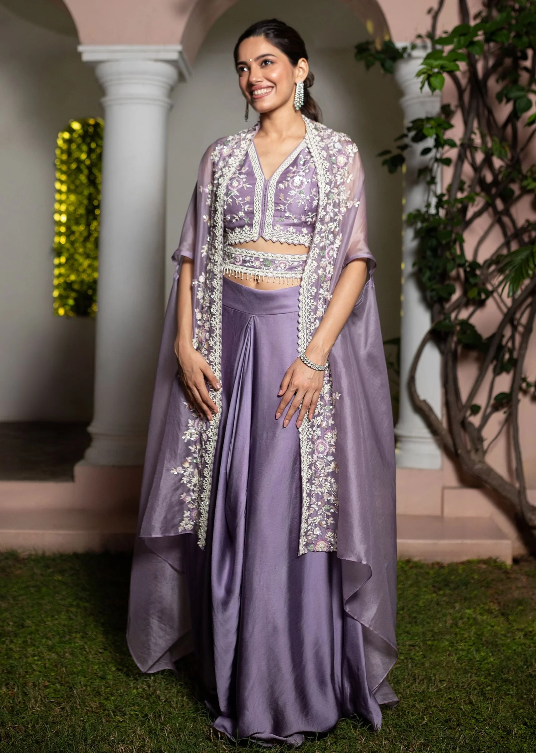 Lavender Moti Work Crop Top Suit Embroidered Jacket - Image 2