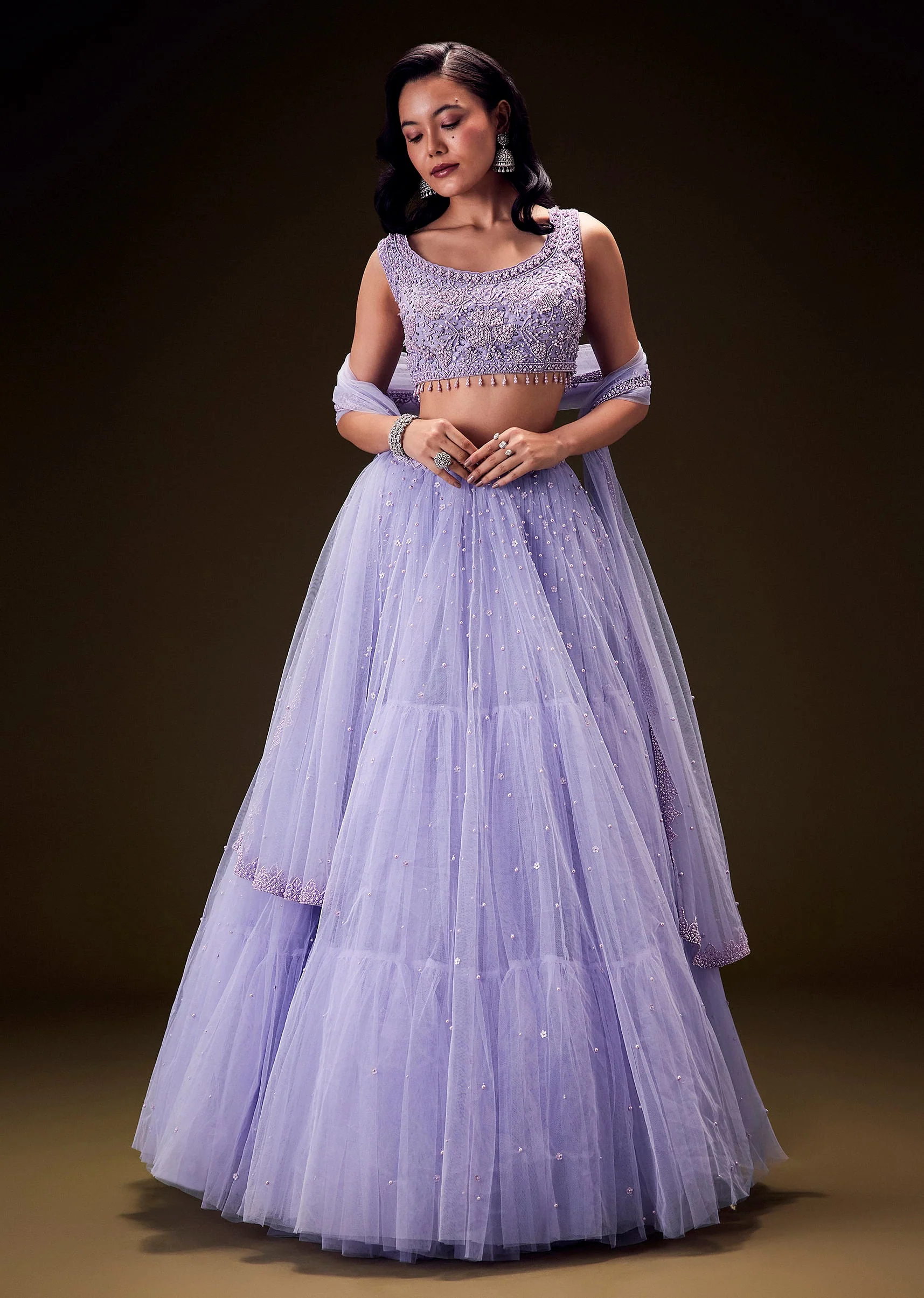Lavender Net Hand Embroidered Pearl Work Lehenga Set - Image 3