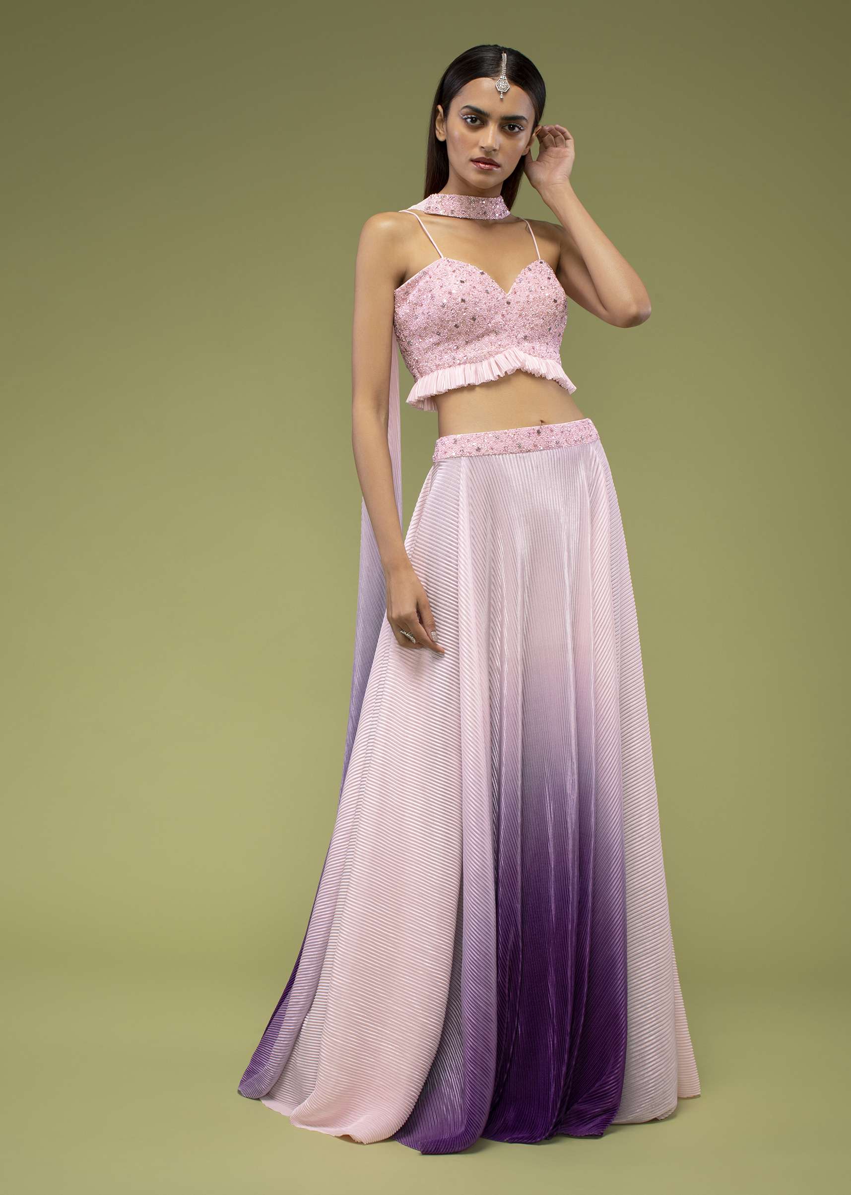 Lavender Ombre Skirt And Crop Top Set In The Crush, Paired With The Spaghetti Straps With A Sweet Heart Neckline - Image 4