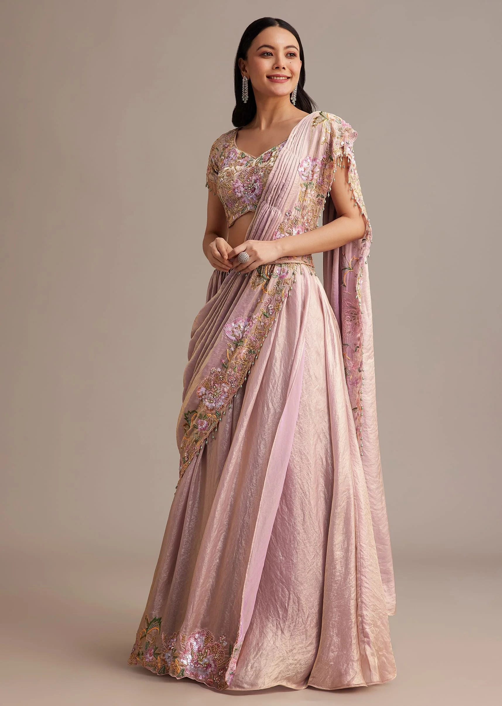 Lavender Organza Tissue Lehenga Set With Sequins And Bead Work - Image 3