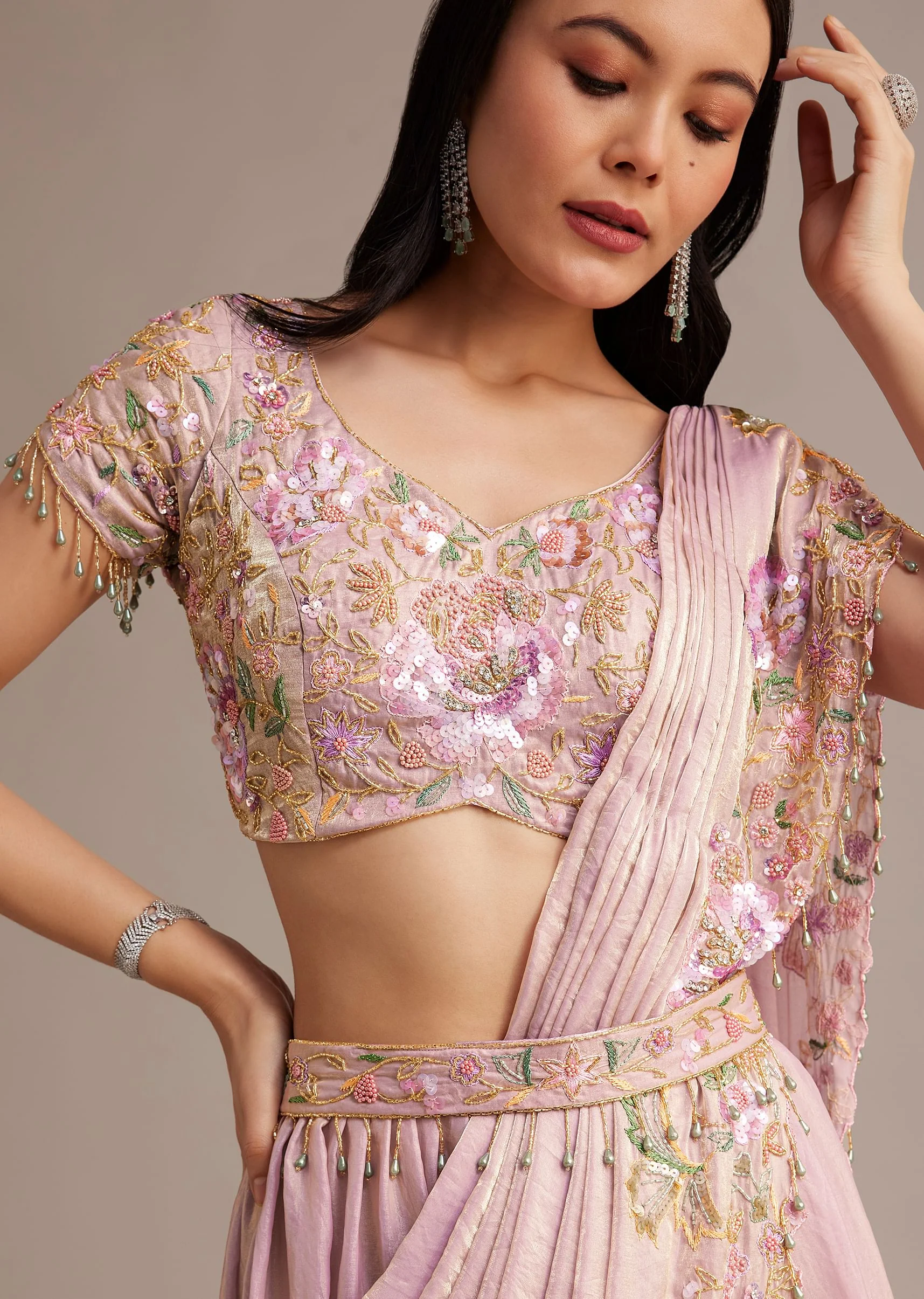 Lavender Organza Tissue Lehenga Set With Sequins And Bead Work - Image 4