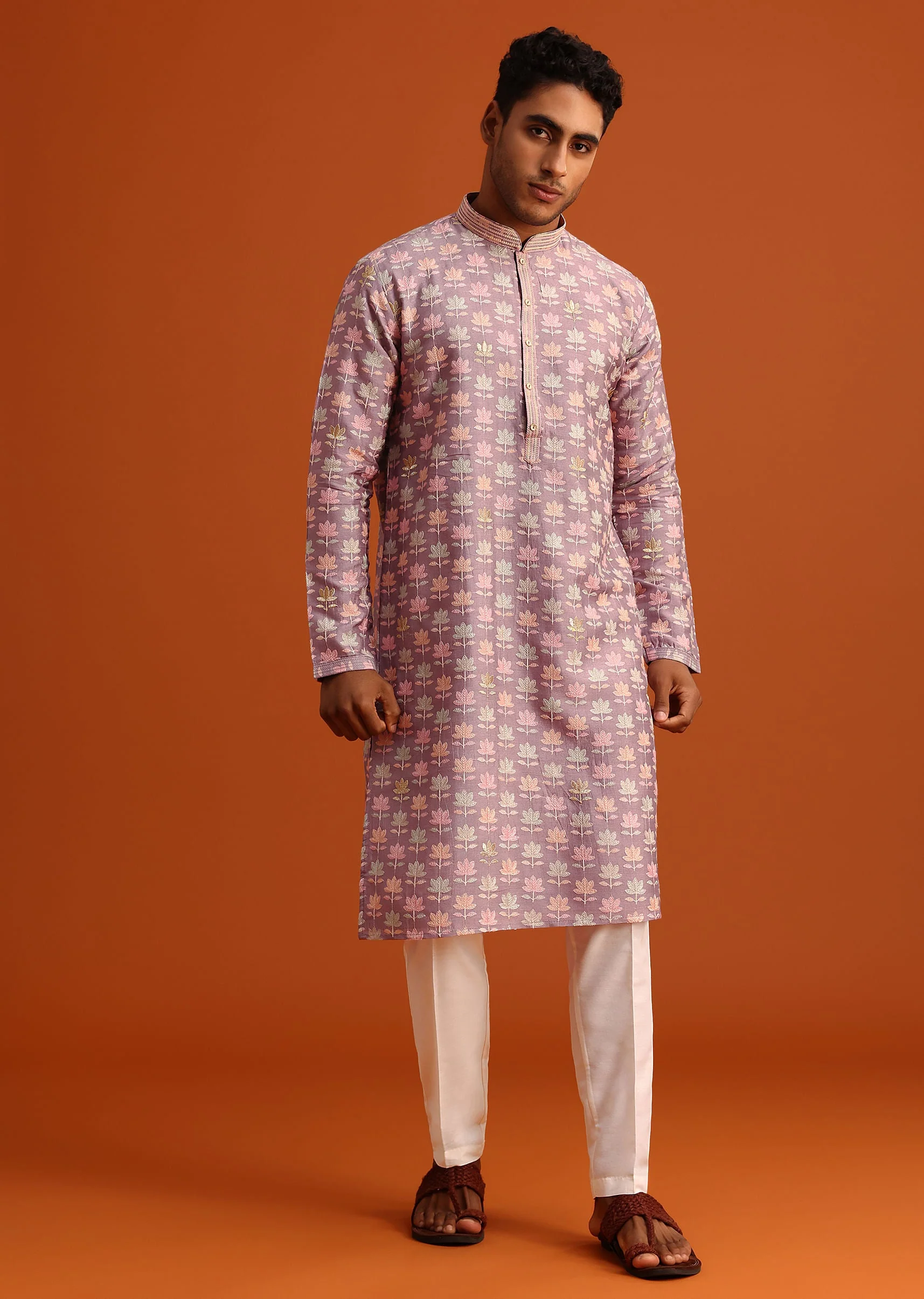 Lavender Silk Kurta And Pant Set With Printed Work - Image 3