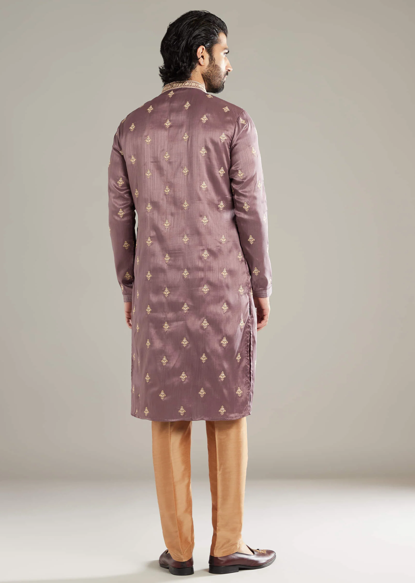 Lavender Silk Kurta Set For Men With Resham Hand Embroidery - Image 3