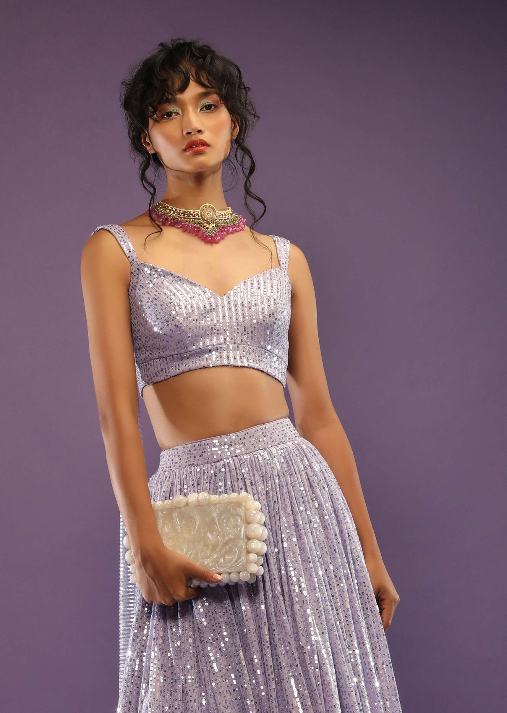 Lavender Skirt And Crop Top Embellished In Sequins With Attached Drape On The Back - Image 2