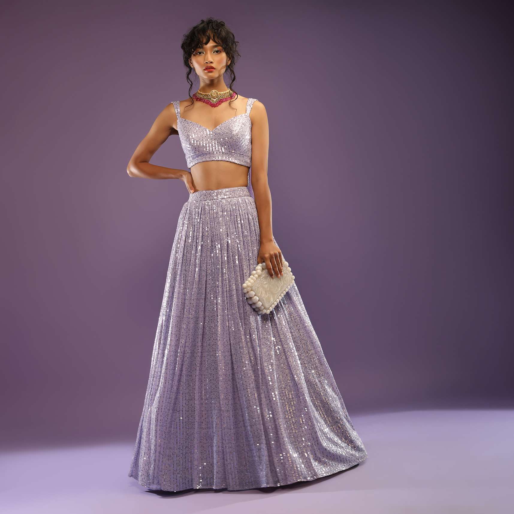 Lavender Skirt And Crop Top Embellished In Sequins With Attached Drape On The Back - Image 5