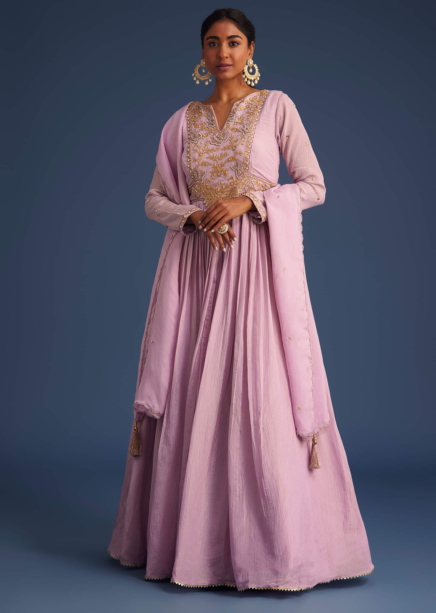 Lavender Tissue Embroidered Anarkali With Organza Dupatta - Image 6