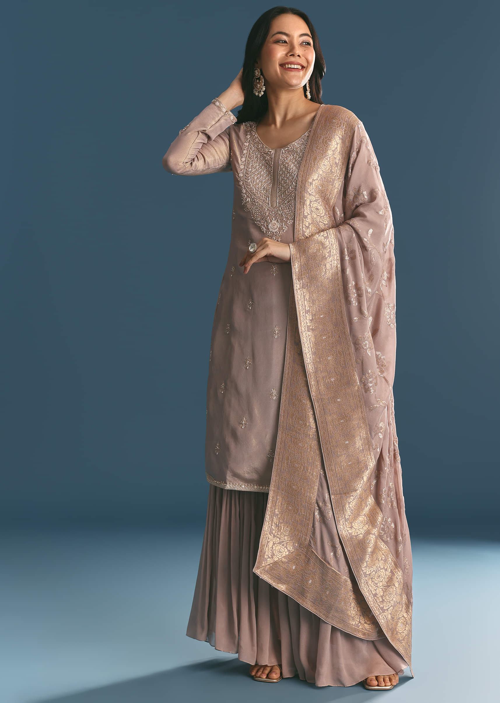 Lavender Tissue Kurta Sharara Suit With Moti And Cutdana Work - Image 4
