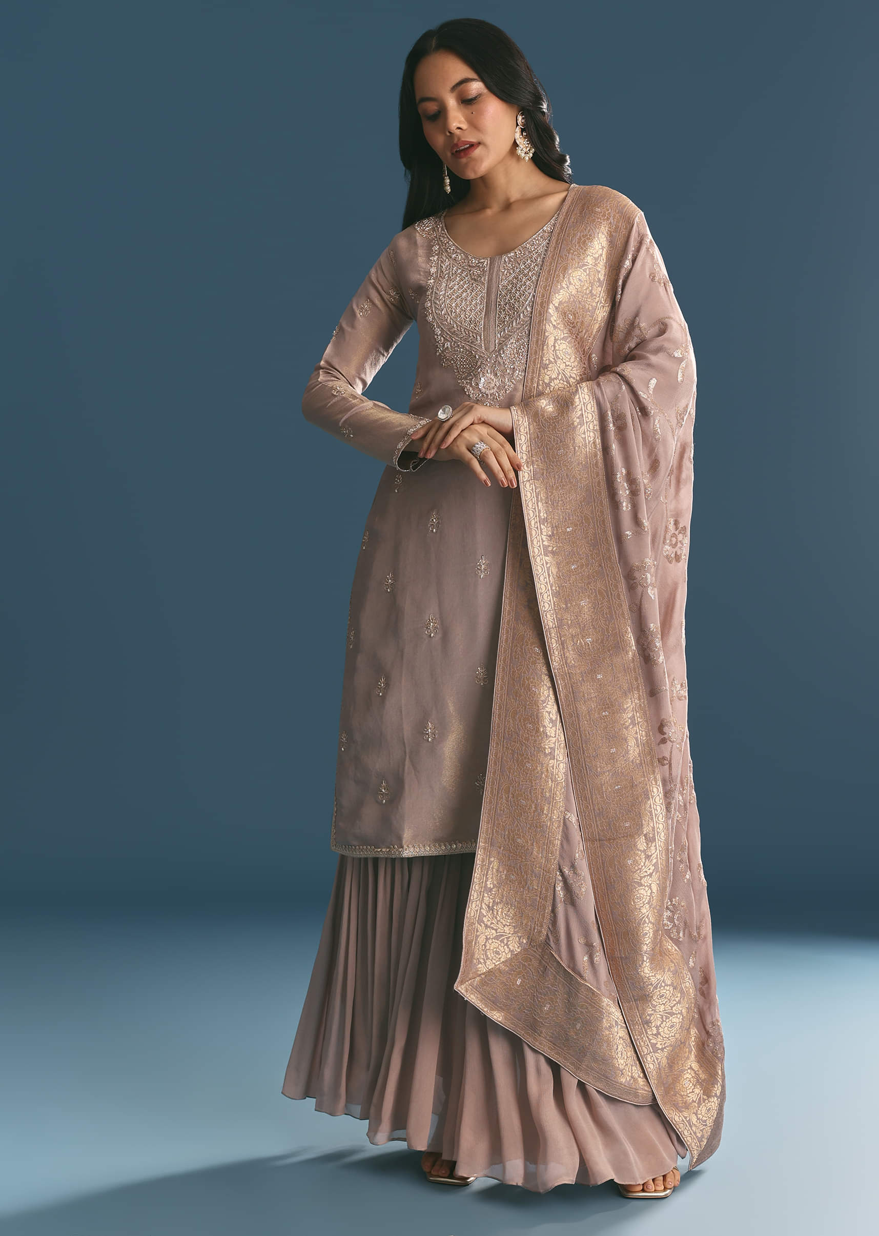Lavender Tissue Kurta Sharara Suit With Moti And Cutdana Work - Image 7