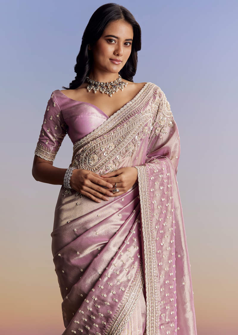 Lavender Tissue Saree With Cutdana Sequin And Bead Embroidery - Image 5