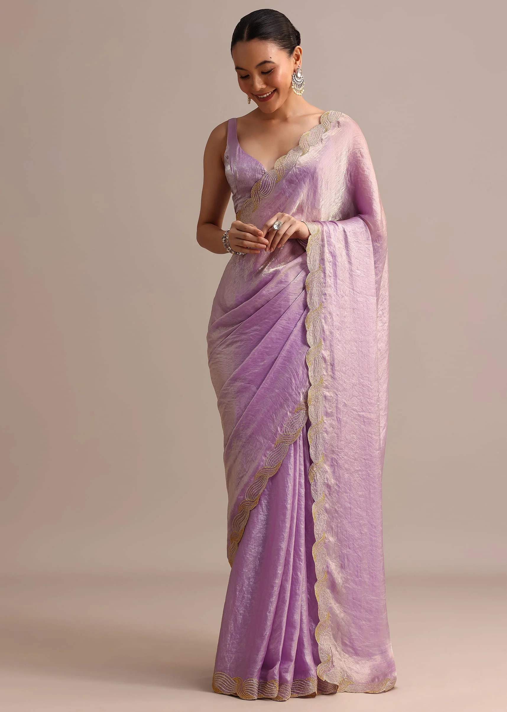 Lavender Tissue Saree With Zari Embroidered Border - Image 5