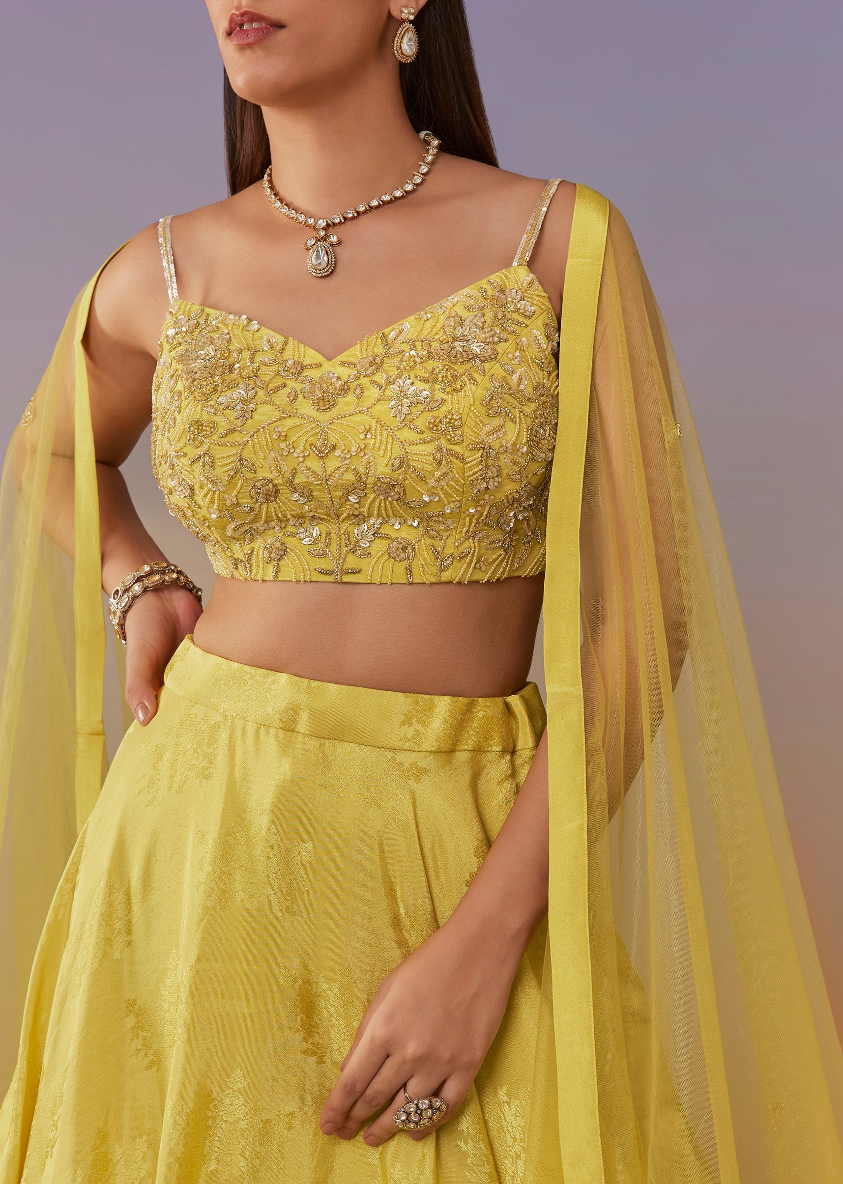 Lemon Yellow Banarasi Lehenga Set With Sequin And Lace Detailing - Image 3