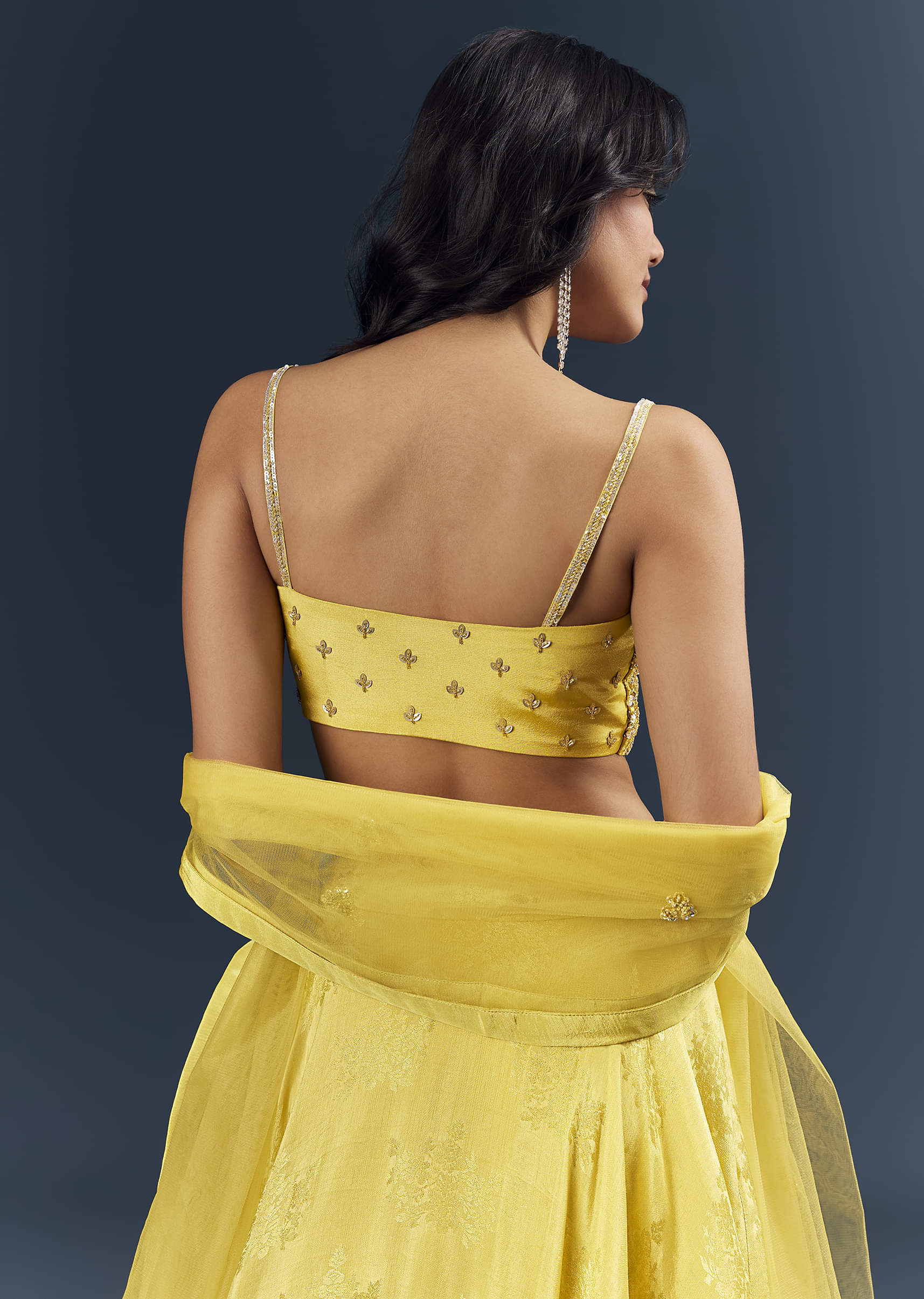 Lemon Yellow Banarasi Silk Bridesmaid Lehenga With Heavy Hand Embroidery - Image 6