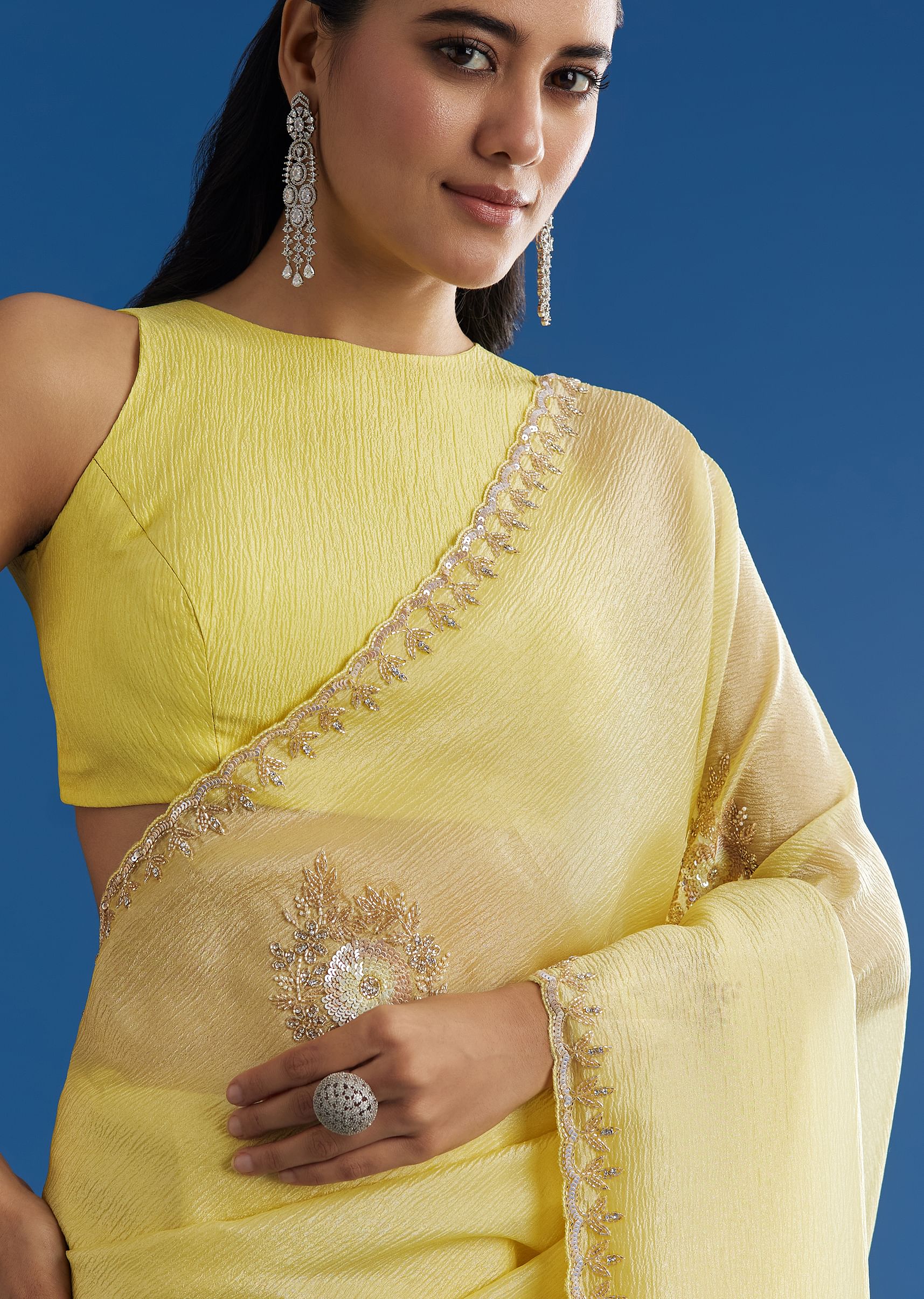 Lemon Yellow Crushed Tissue Saree With Embroidered Scallop Border - Image 2