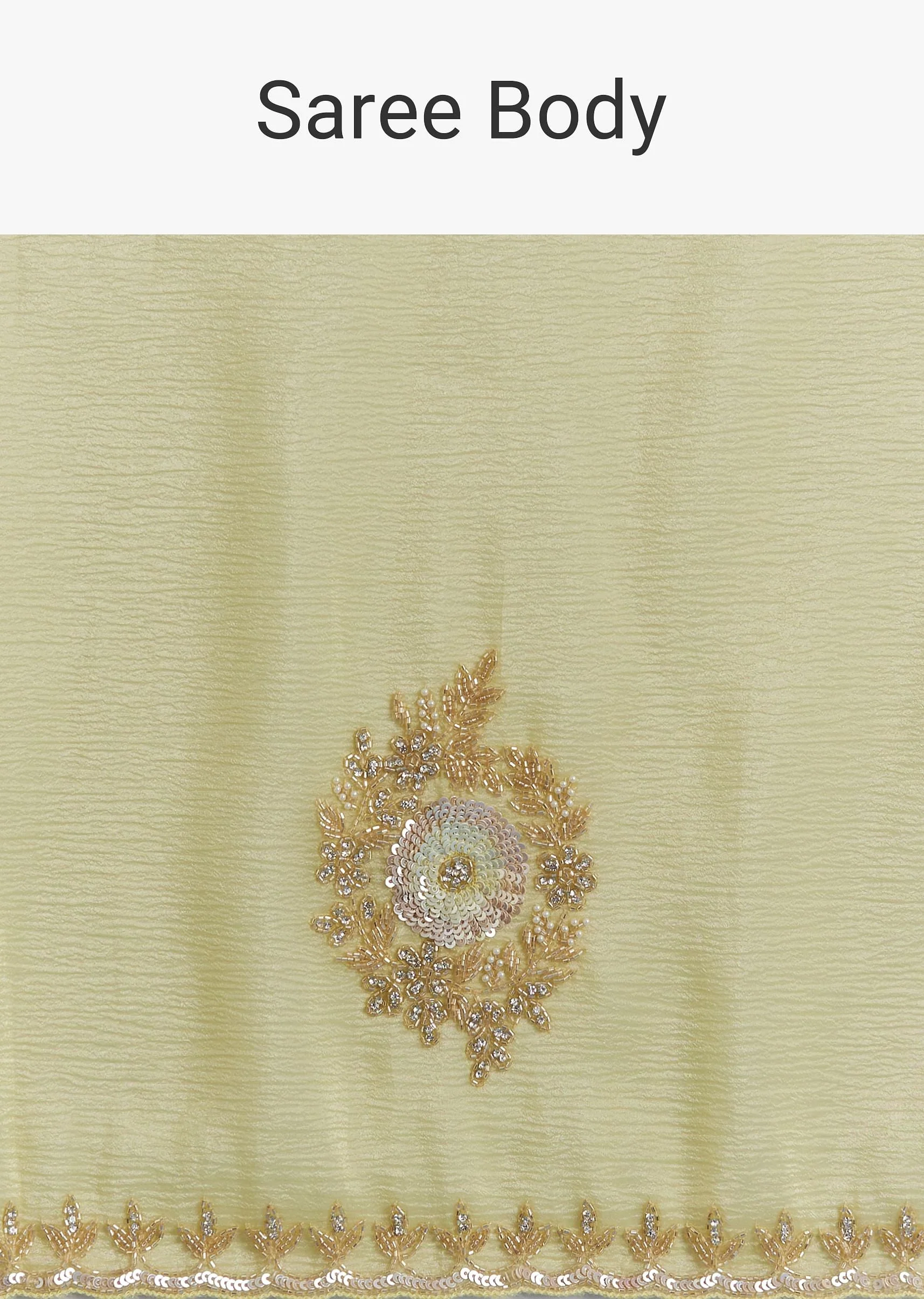 Lemon Yellow Crushed Tissue Saree With Embroidered Scallop Border - Image 9