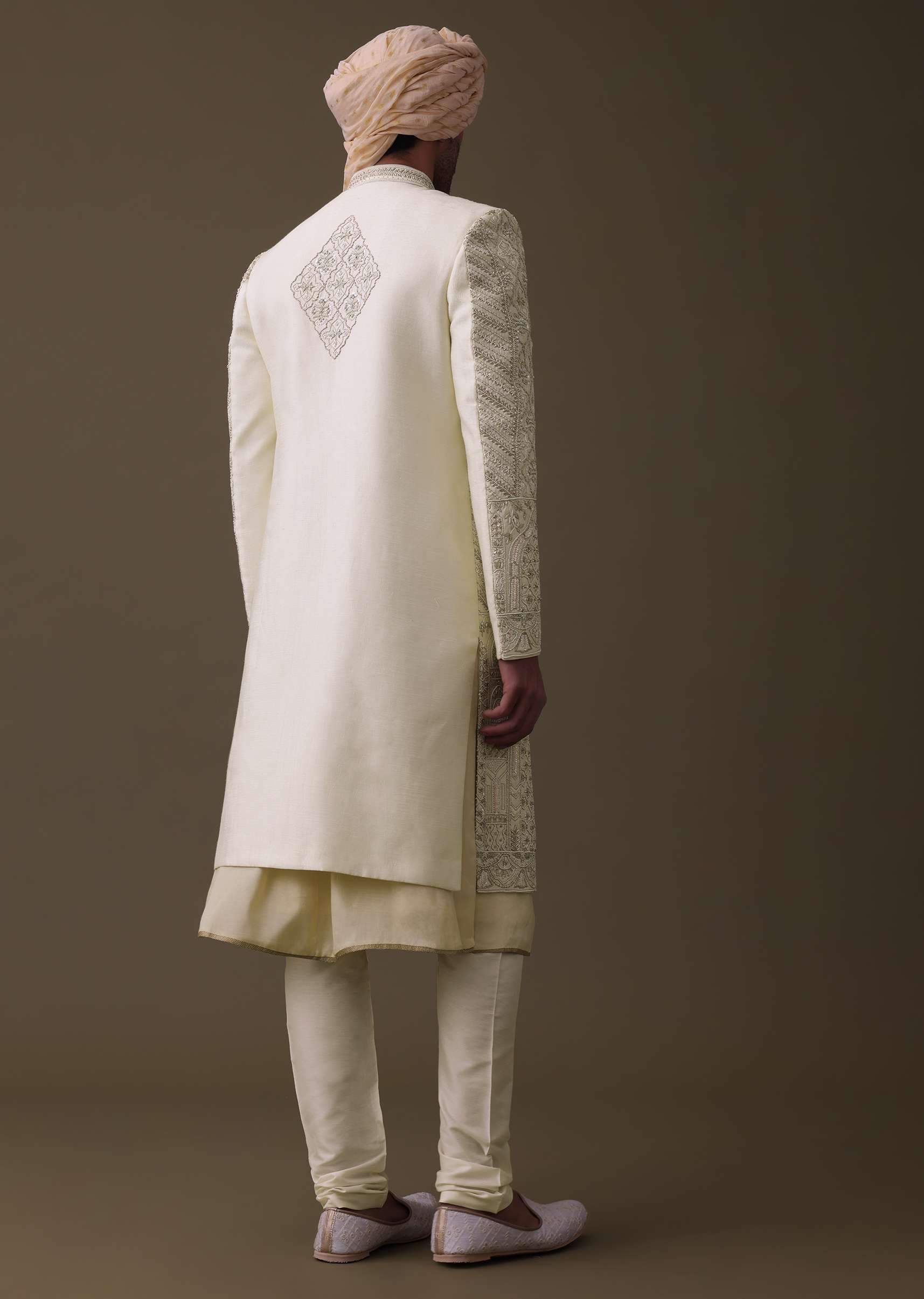 Lemon Yellow Embroidered Sherwani Set In Silk With Mala And Anarkali Line Kurta - Image 6