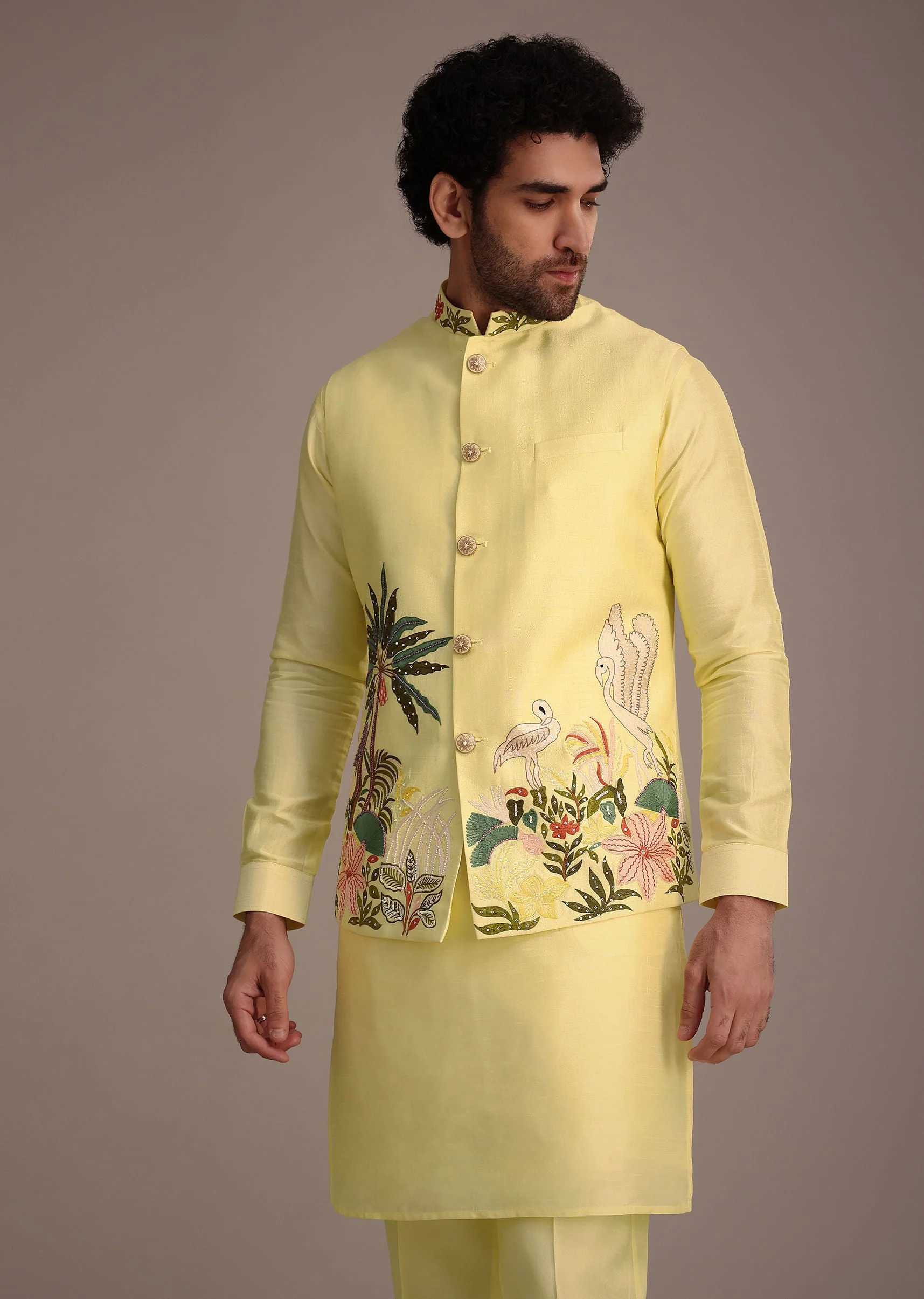 Lemon Yellow Silk Thread Work Kurta Jacket Set - Image 2