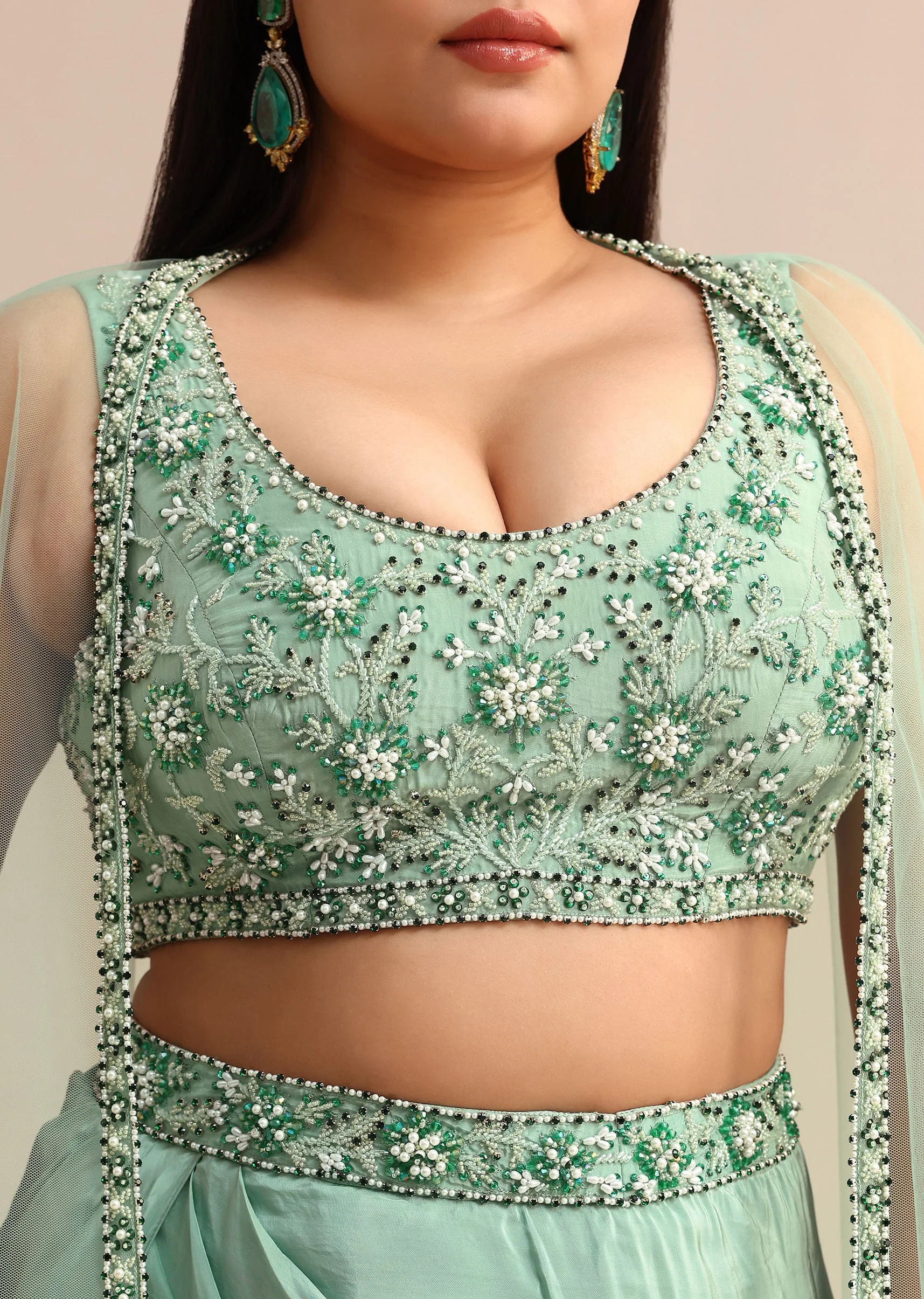 Light Aqua Draped Skirt With Net Cape - Image 4