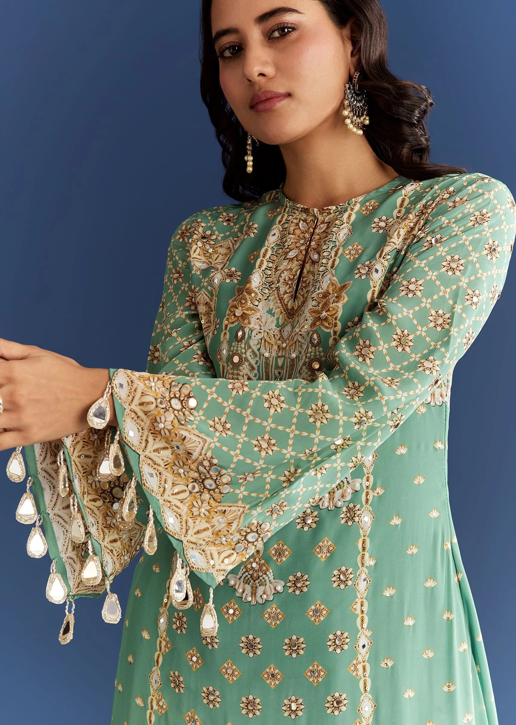 Light Aqua Green Crepe Printed Kurta Dhoti With Embroidery - Image 2