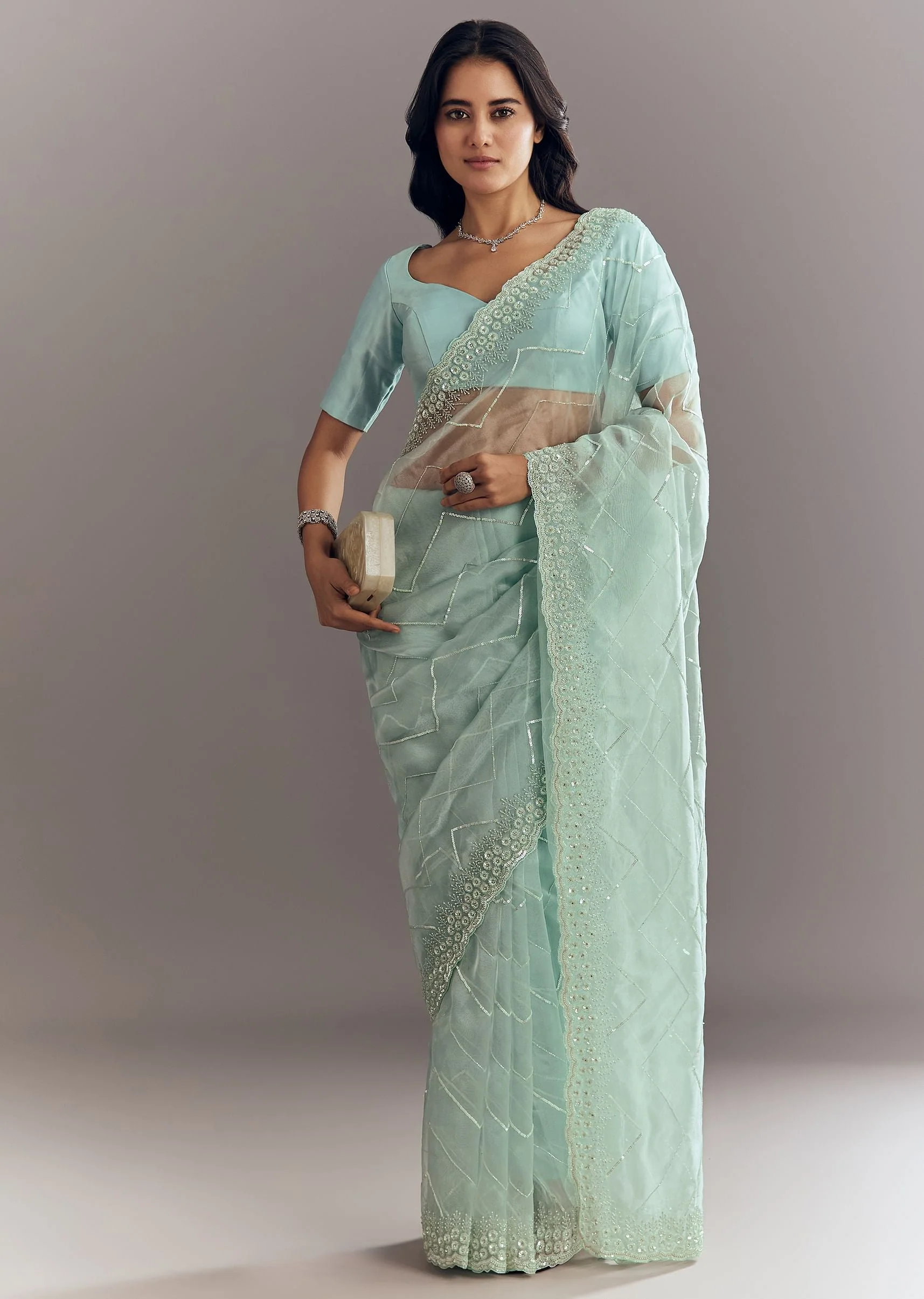 Light Blue Glass Tissue Saree With Stone Embroidery And Scallop Border - Image 3