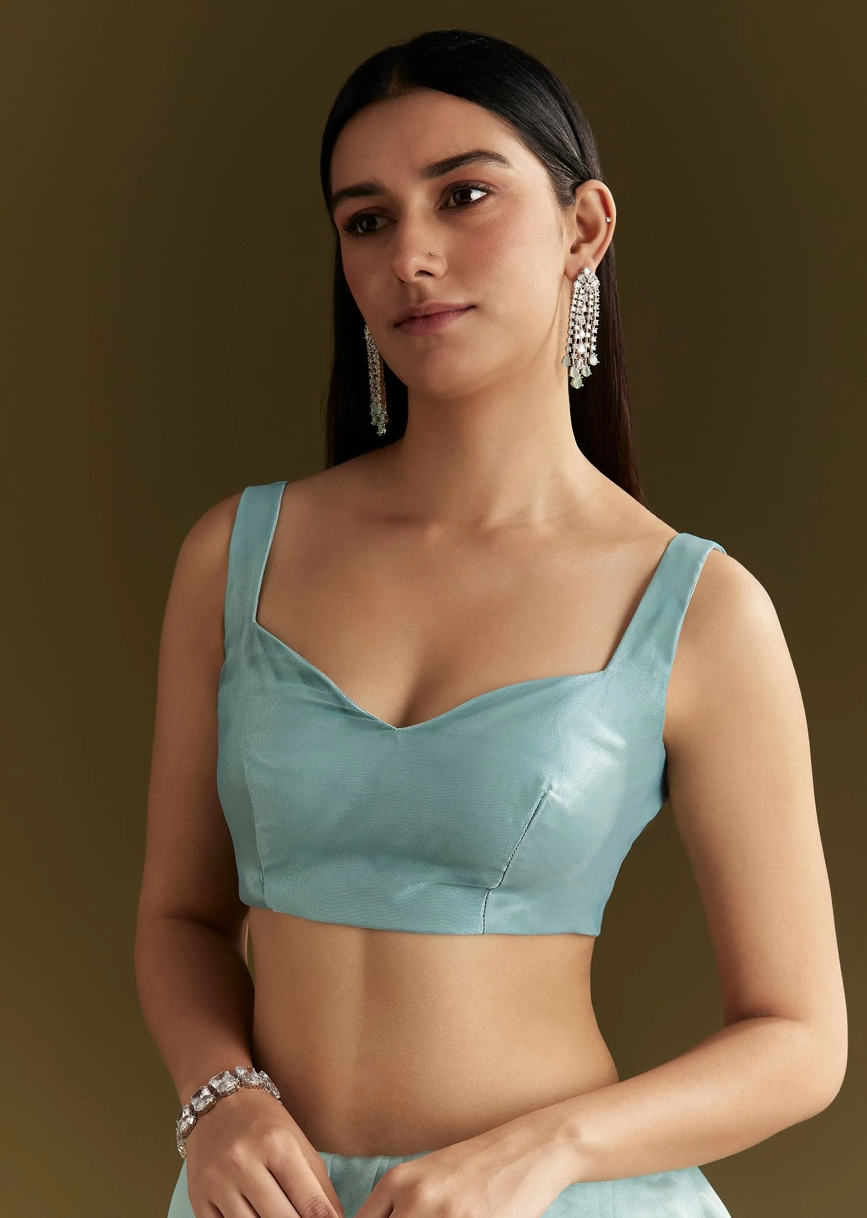 Light Blue Glossy Organza Saree With Scallop Border - Image 7
