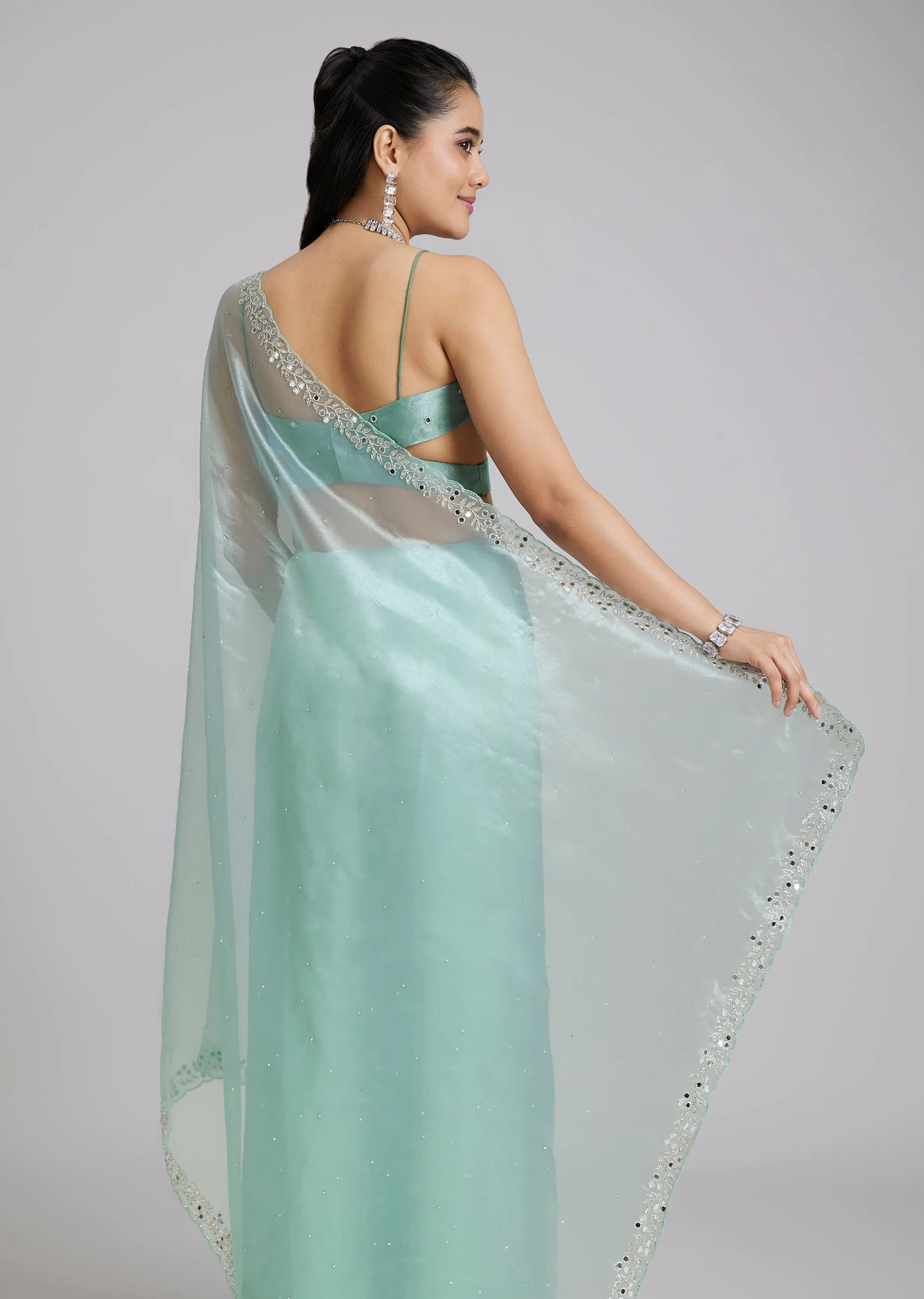 Light Blue Tissue Saree Wirh Mirror Cutdana And Stone Work - Image 6