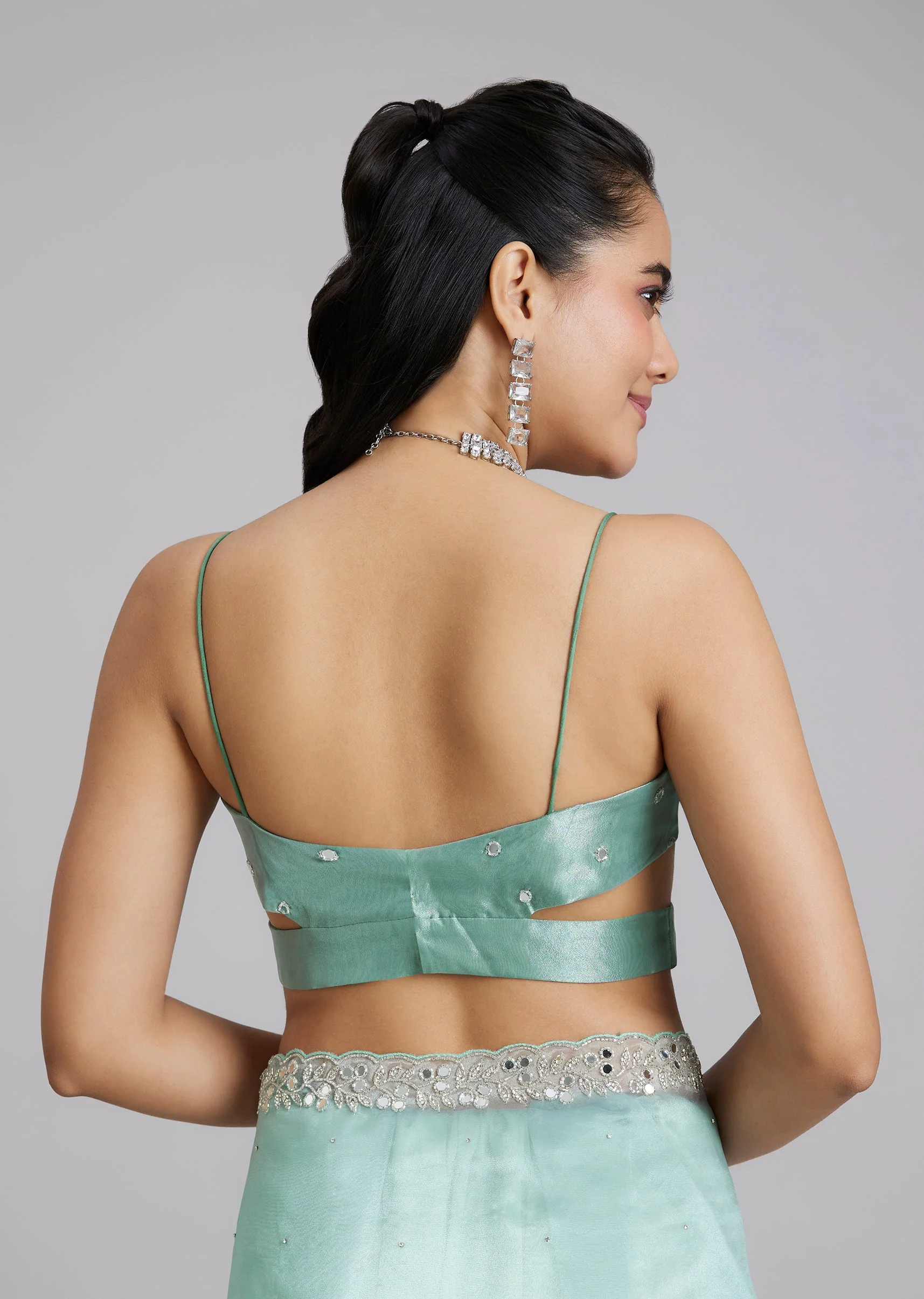 Light Blue Tissue Saree Wirh Mirror Cutdana And Stone Work - Image 8