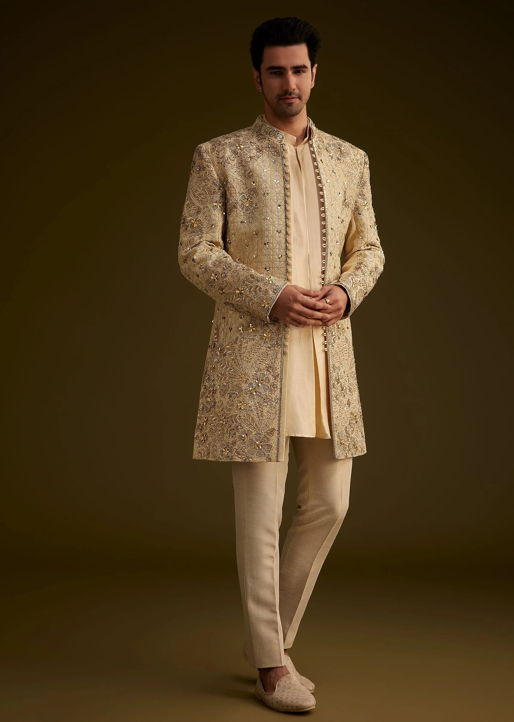 Light Gold Silk Open Sherwani Set With Zardosi Handwork - Image 3