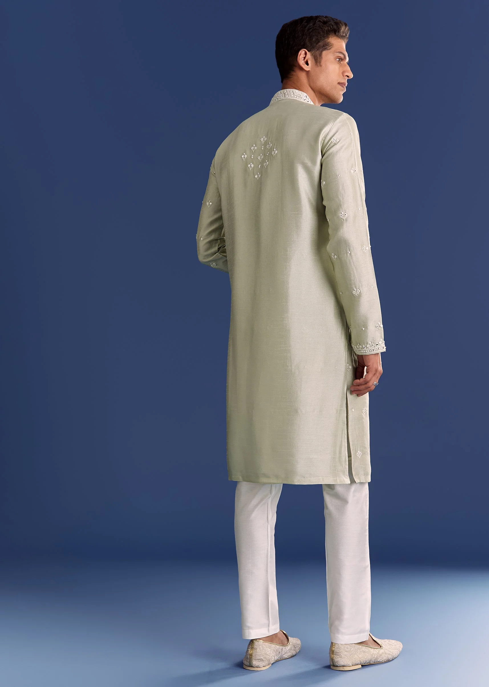 Light Grey Raw Silk Kurta Set With Embroidery - Image 6