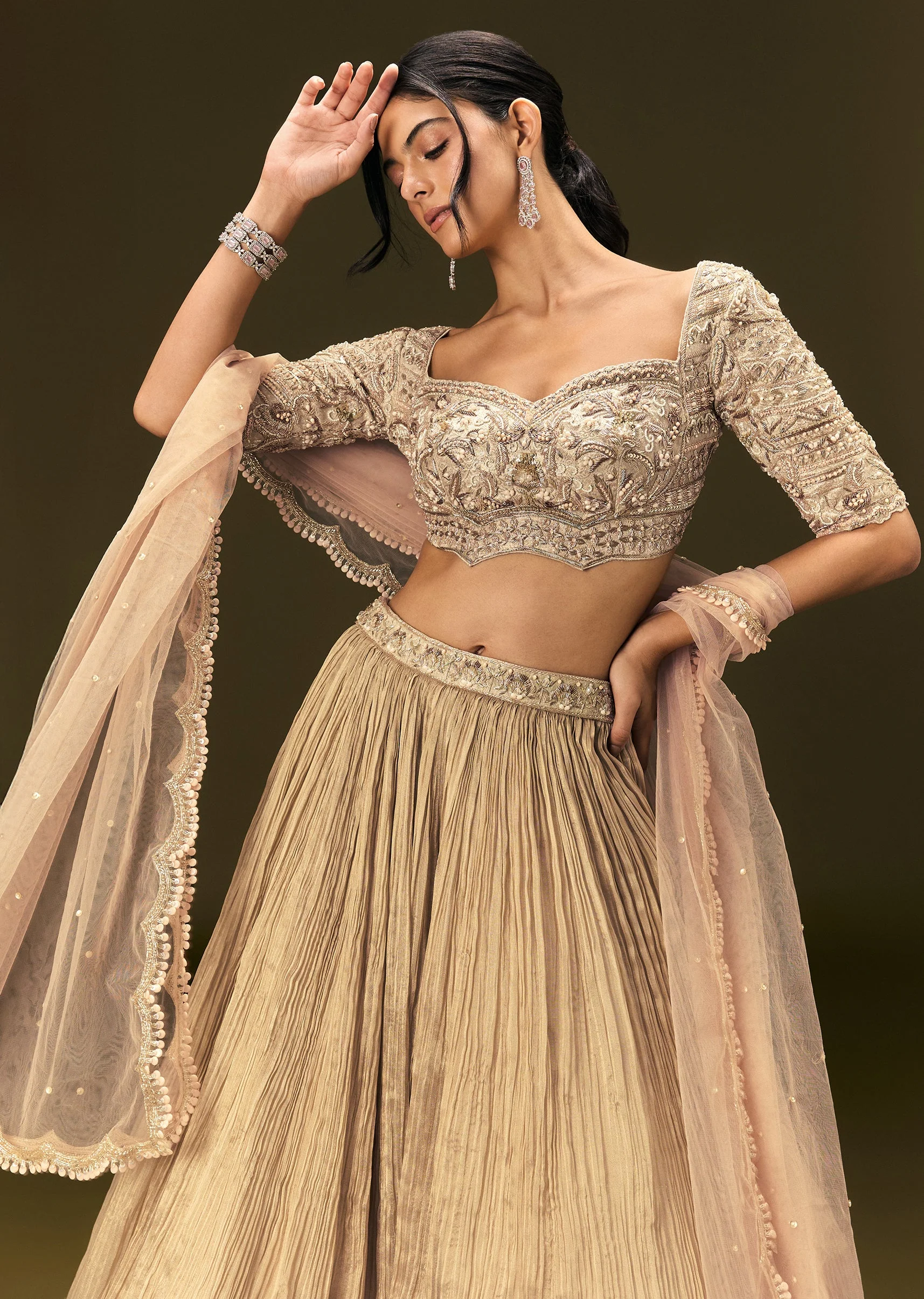 Light Peach Banarasi Silk Lehenga Dupatta With Embroidered Blouse