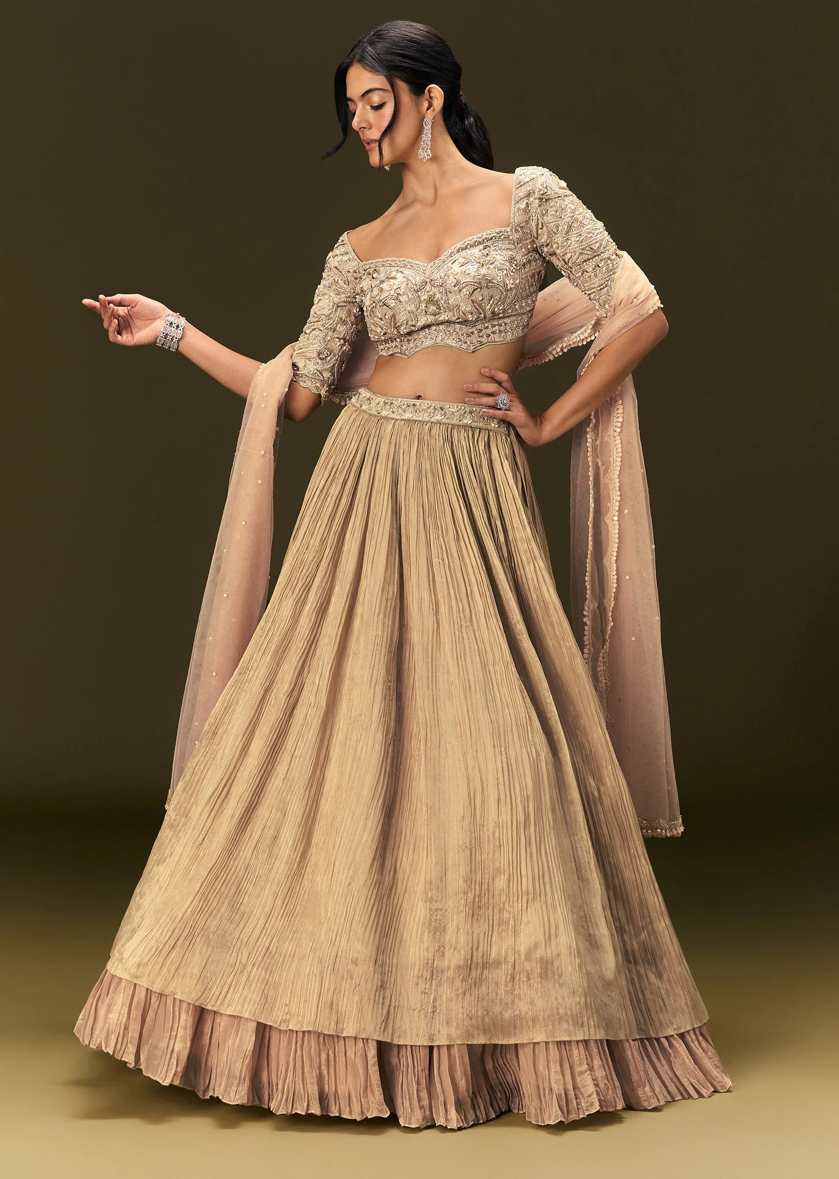Light Peach Banarasi Silk Lehenga Dupatta With Embroidered Blouse - Image 2