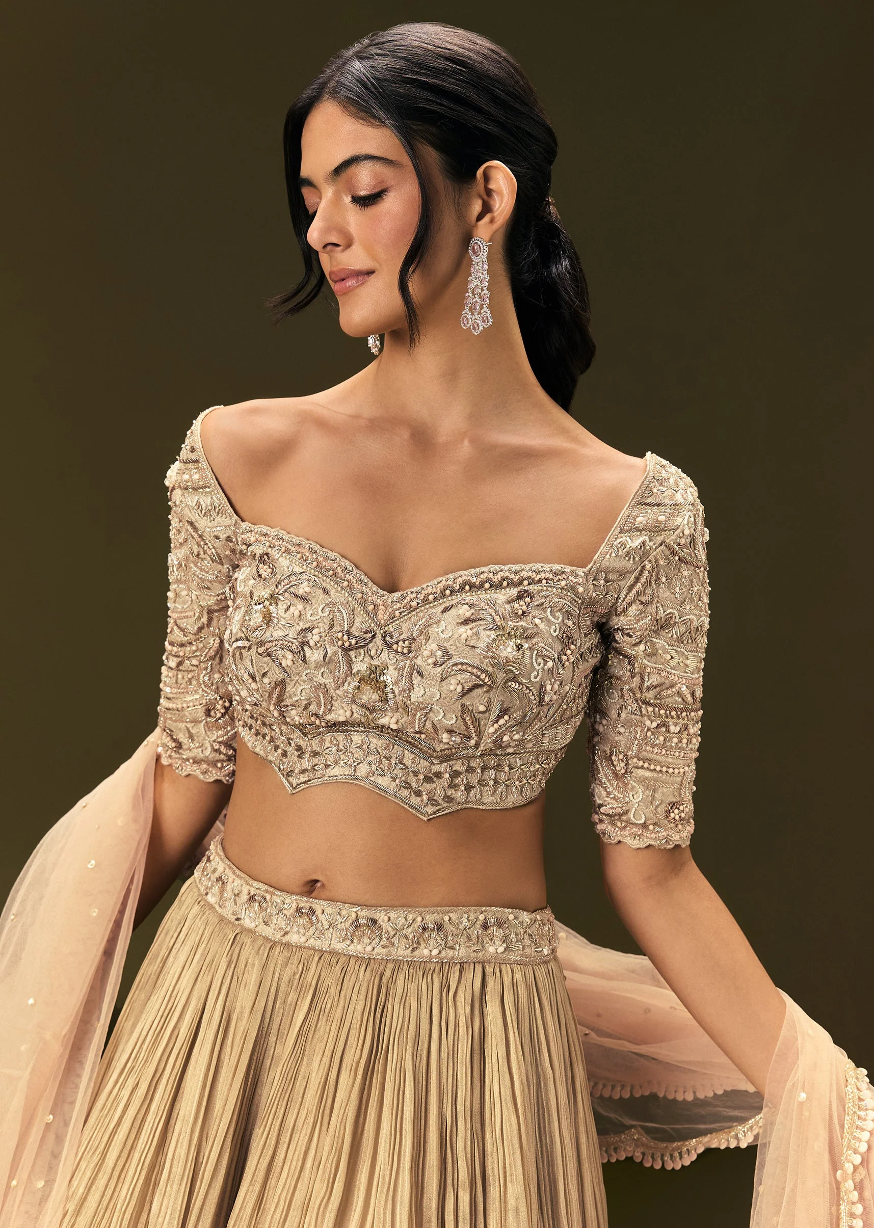 Light Peach Banarasi Silk Lehenga Dupatta With Embroidered Blouse - Image 3