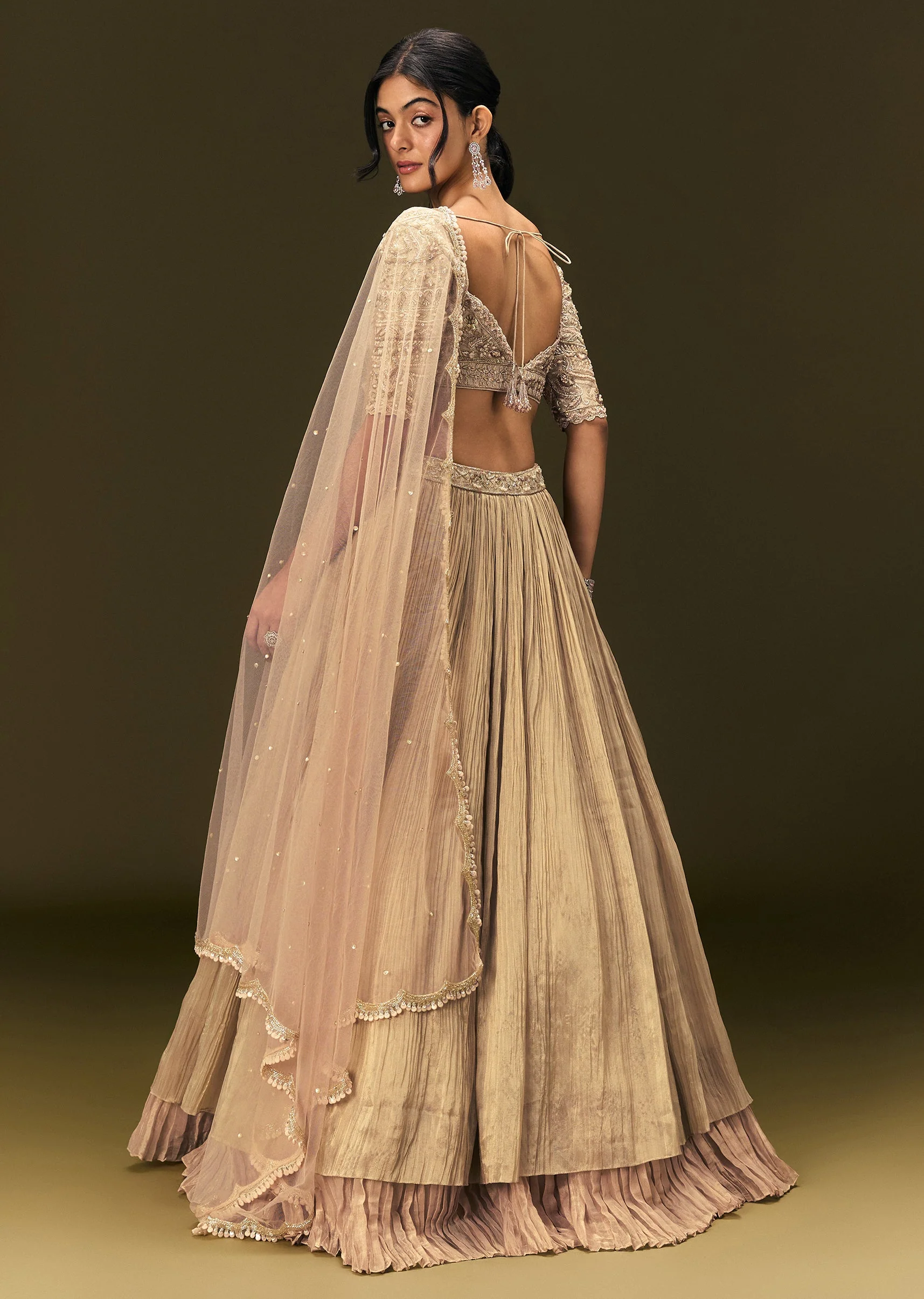 Light Peach Banarasi Silk Lehenga Dupatta With Embroidered Blouse - Image 5